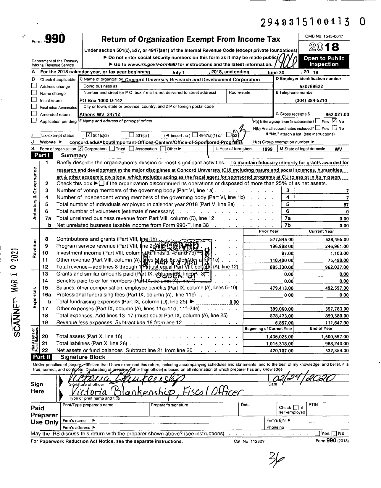 Image of first page of 2018 Form 990 for Concord University Research and Development Corporation