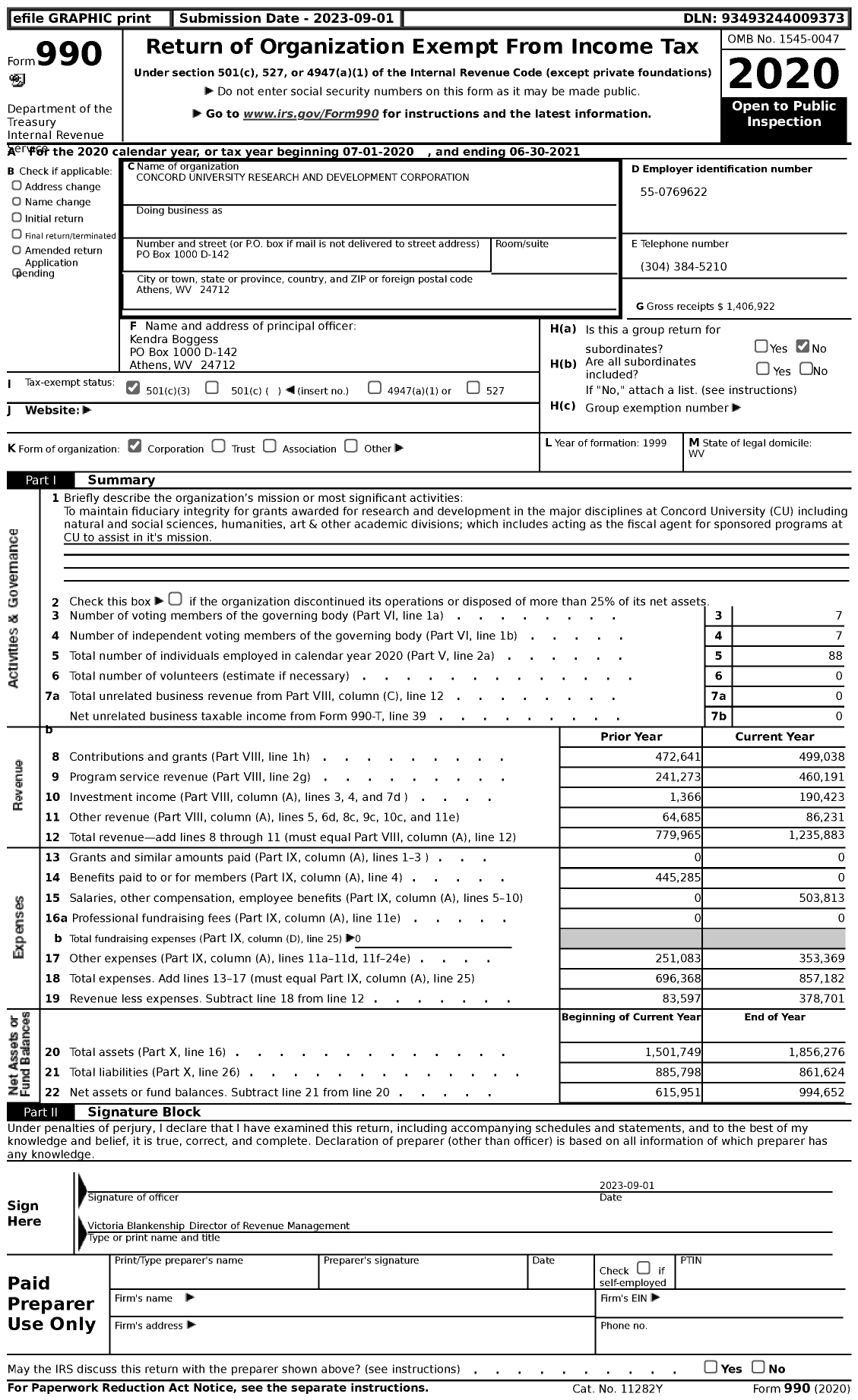 Image of first page of 2020 Form 990 for Concord University Research and Development Corporation