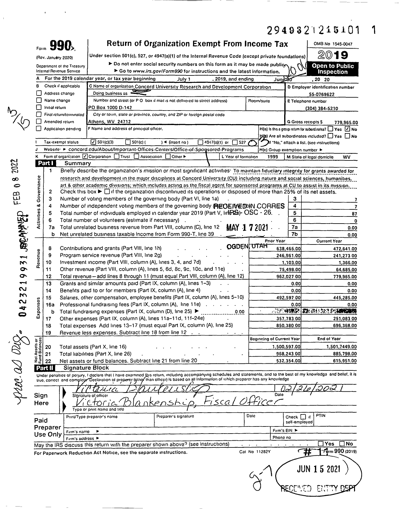 Image of first page of 2019 Form 990 for Concord University Research and Development Corporation