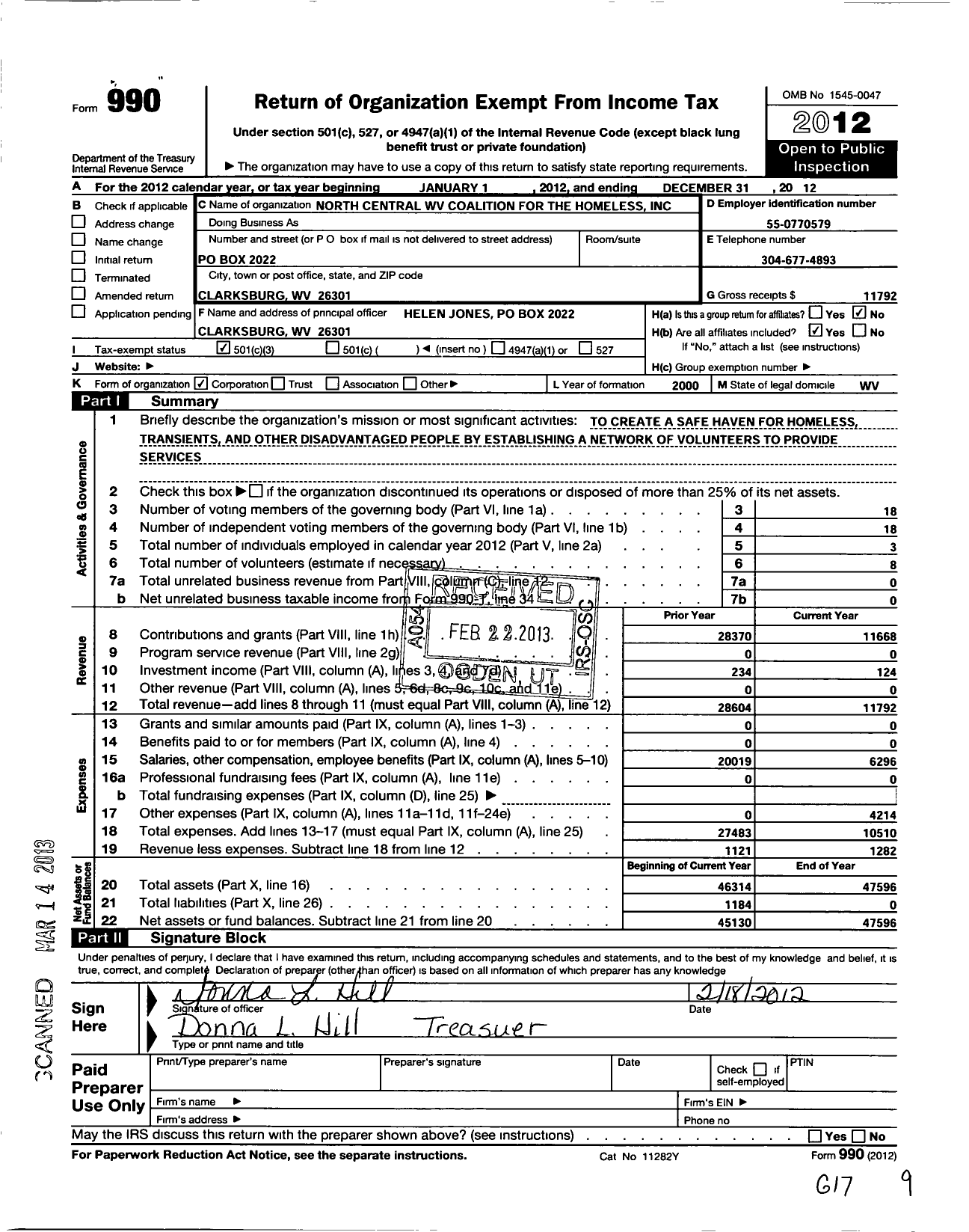 Image of first page of 2012 Form 990 for North Central West Virginia Coalition for the Homeless