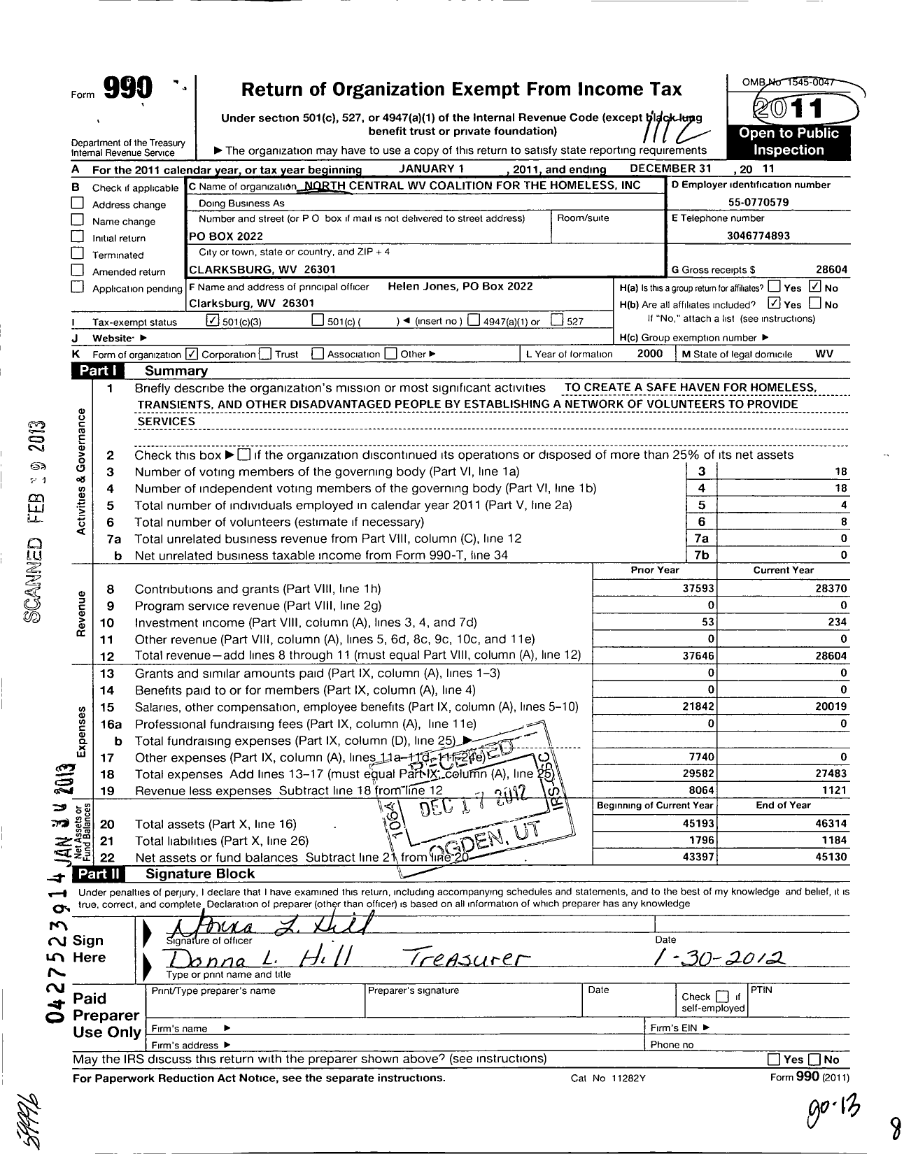 Image of first page of 2011 Form 990 for North Central West Virginia Coalition for the Homeless