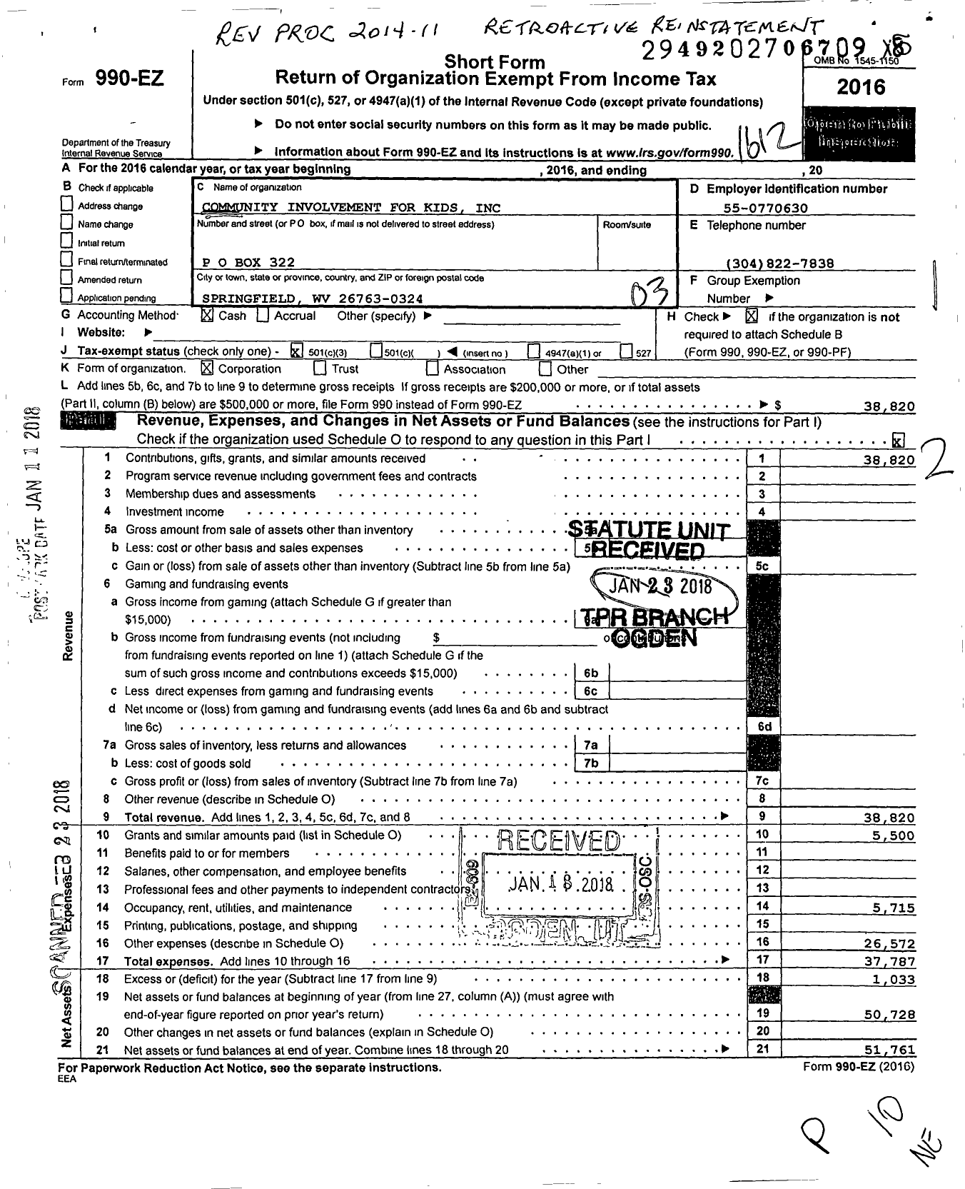 Image of first page of 2016 Form 990EZ for Community Involvement for Kids