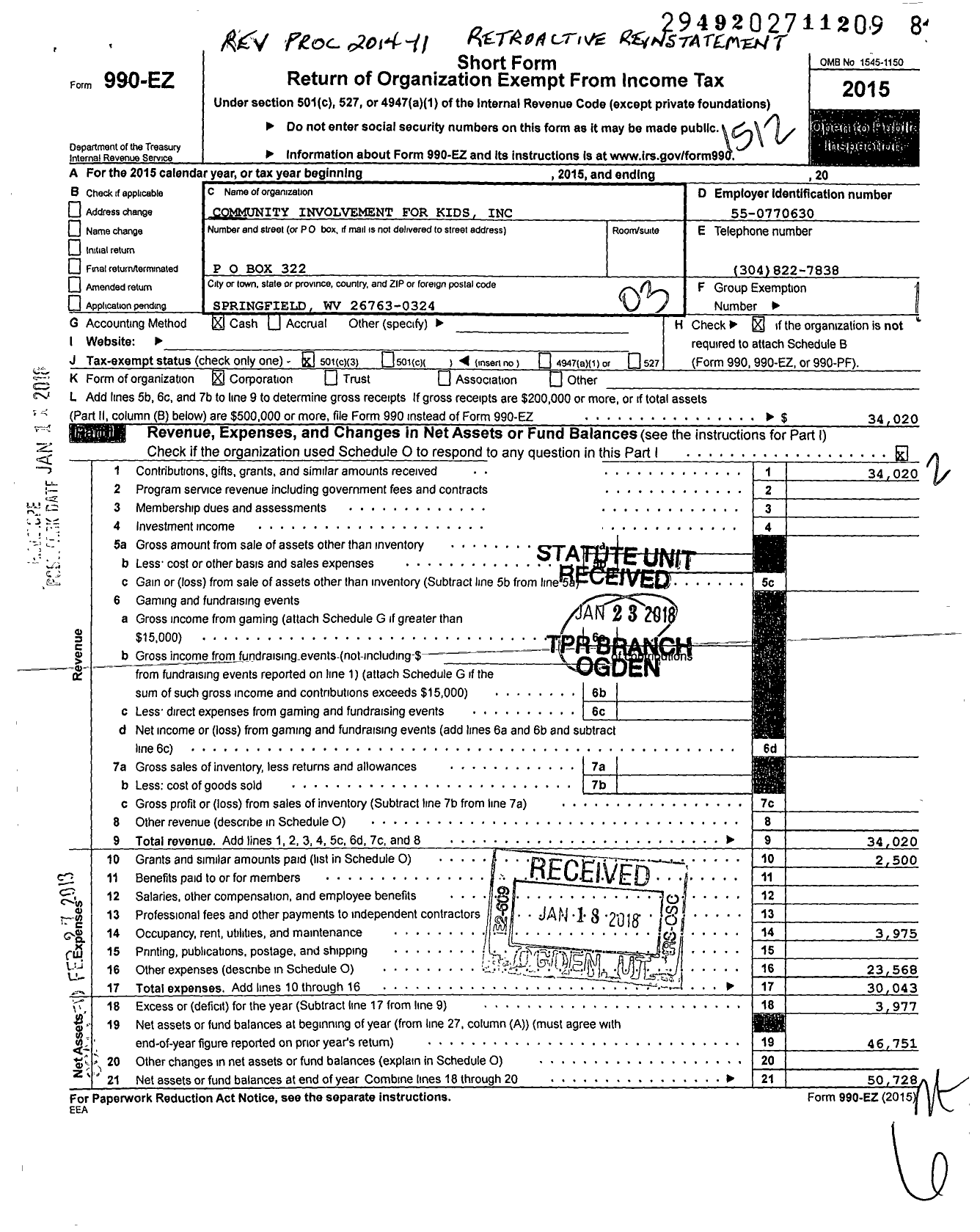 Image of first page of 2015 Form 990EZ for Community Involvement for Kids