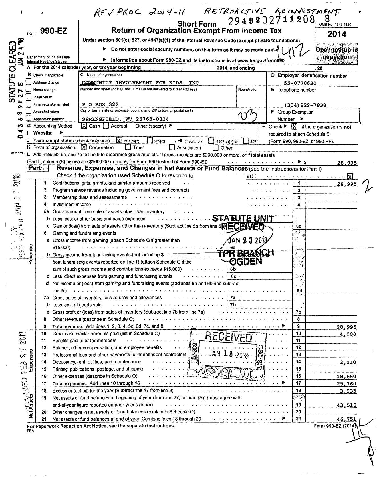 Image of first page of 2014 Form 990EZ for Community Involvement for Kids