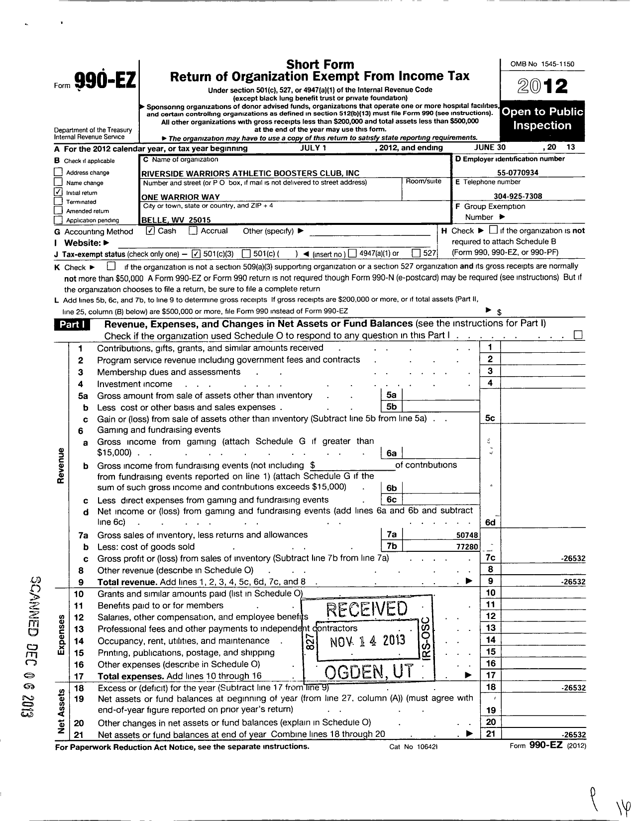 Image of first page of 2012 Form 990EZ for Riverside Warriors Athletic Boosters Club