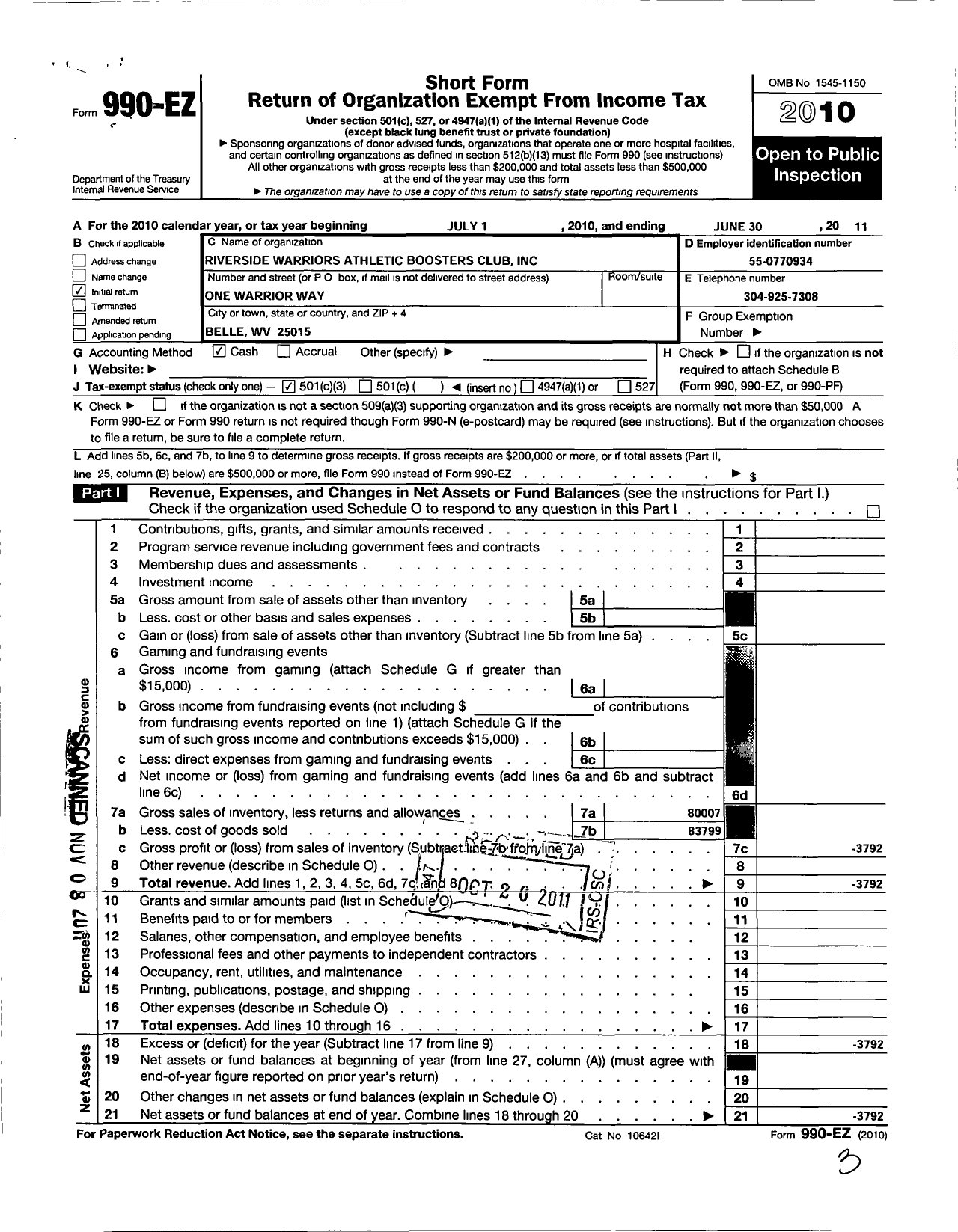 Image of first page of 2010 Form 990EZ for Riverside Warriors Athletic Boosters Club