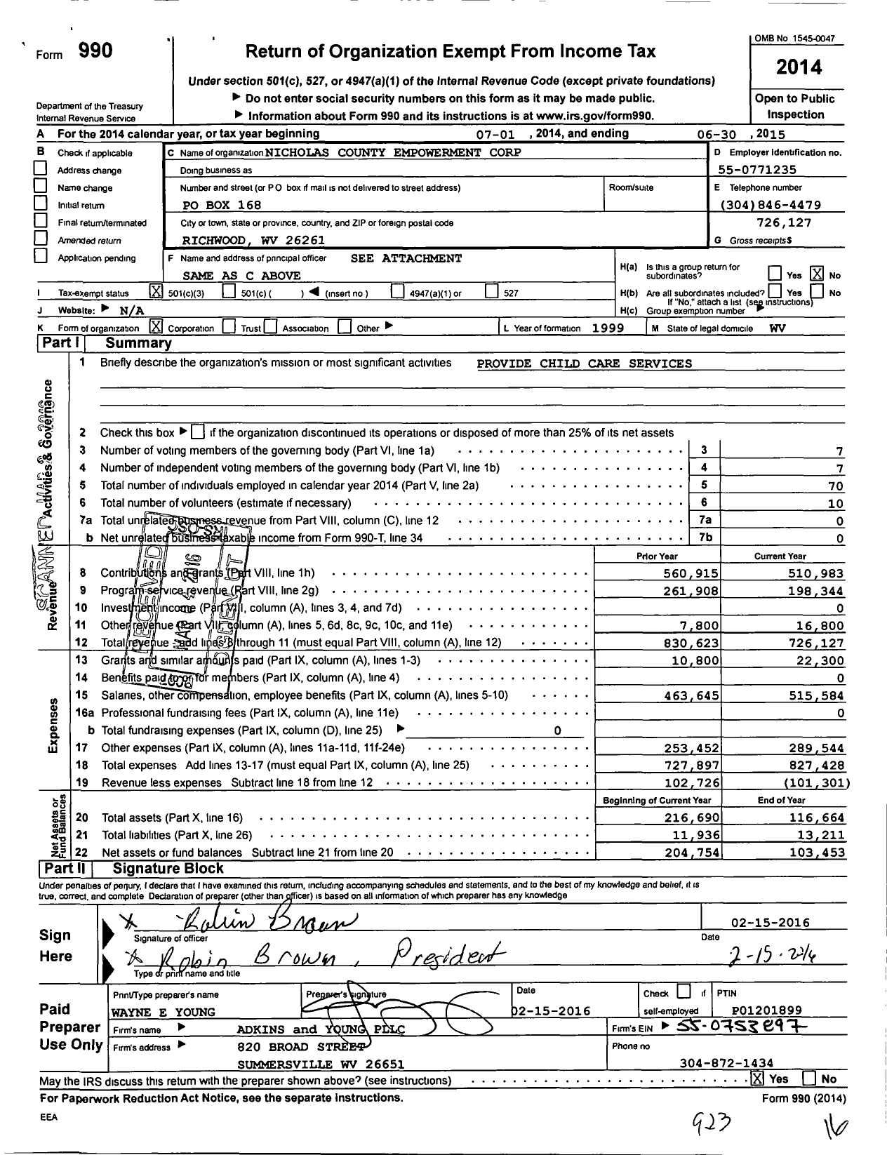 Image of first page of 2014 Form 990 for Nicholas County Empowerment Corporation