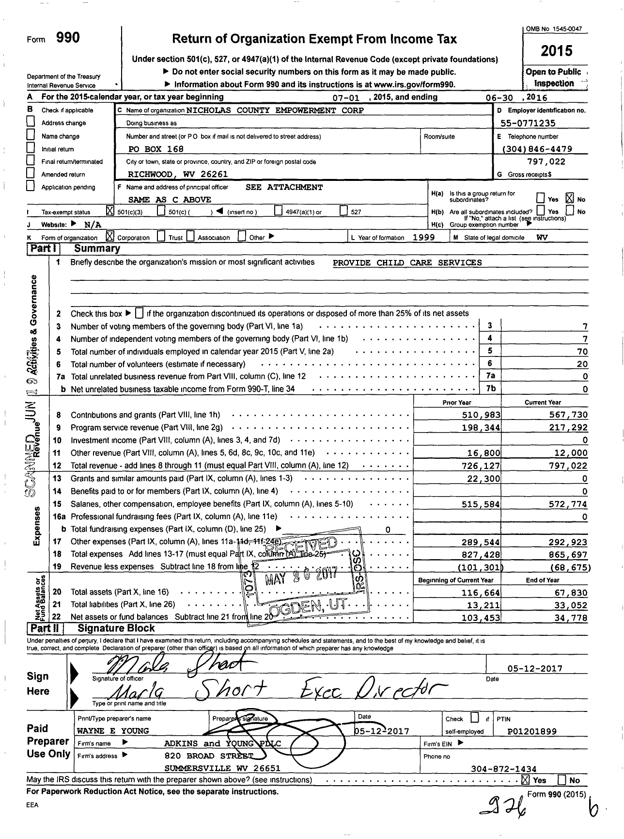 Image of first page of 2015 Form 990 for Nicholas County Empowerment Corporation