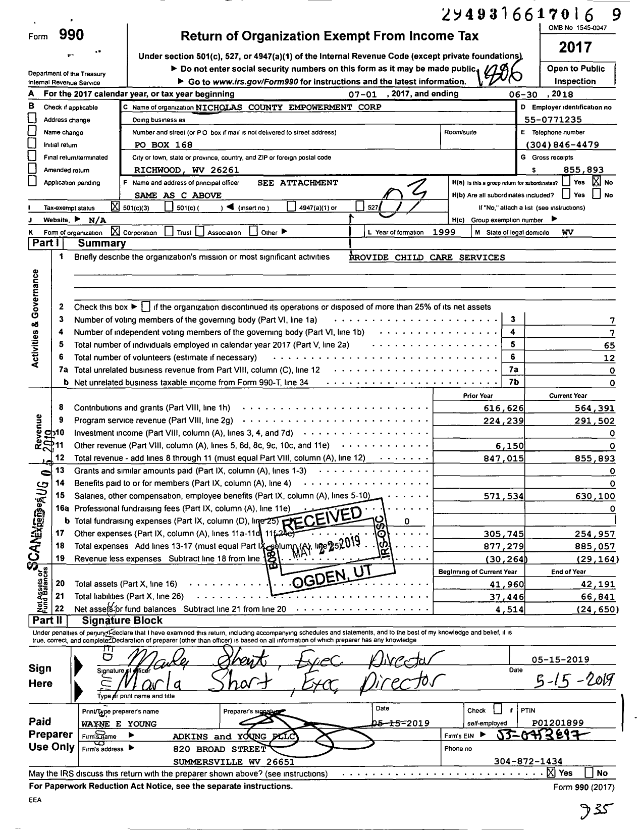 Image of first page of 2017 Form 990 for Nicholas County Empowerment Corporation