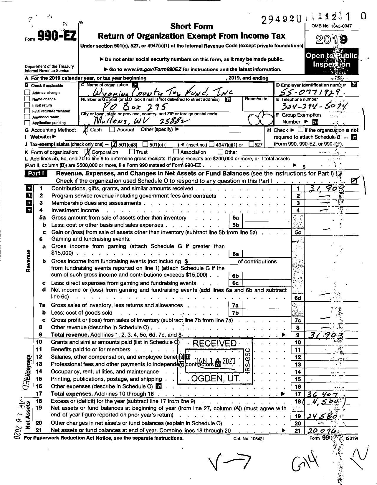 Image of first page of 2019 Form 990EZ for Wyoming County Toy Fund