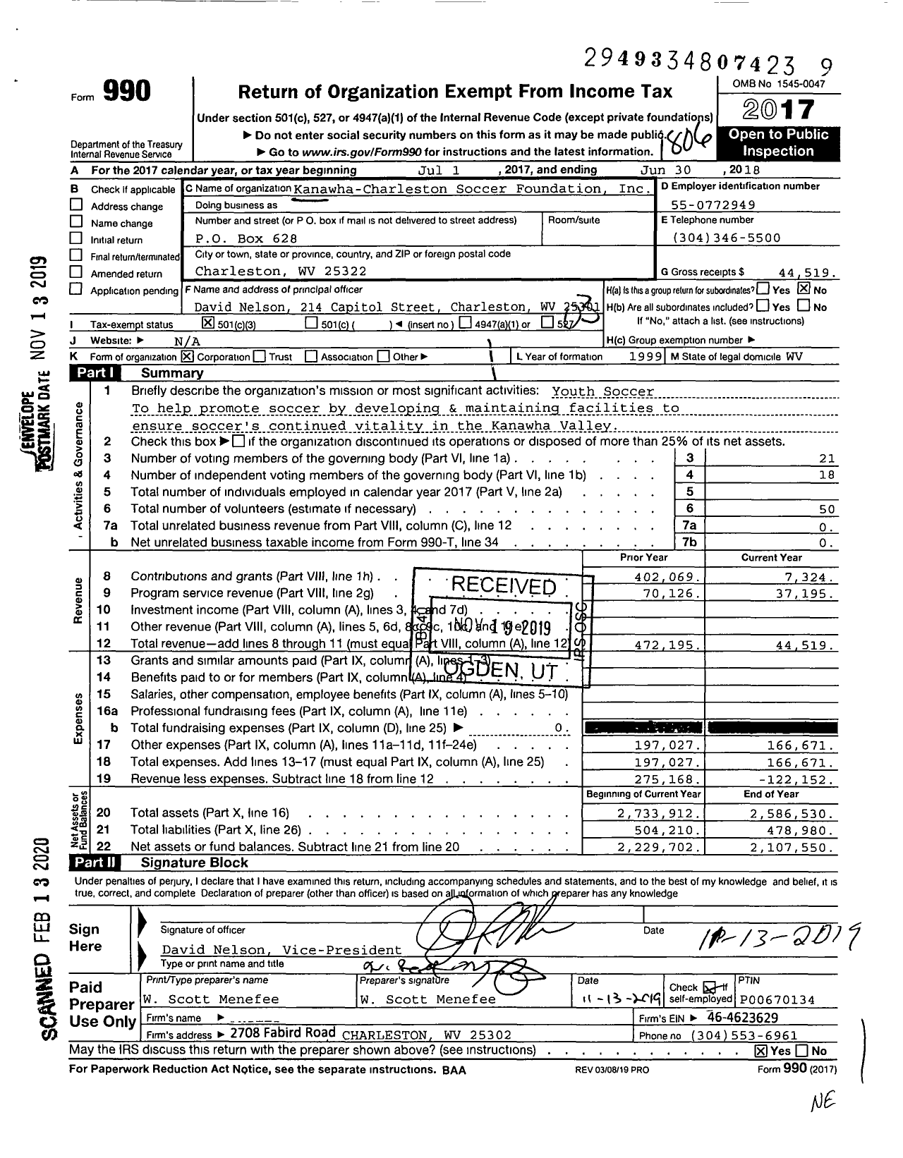 Image of first page of 2017 Form 990 for Kanawha-Charleston Soccer Foundation