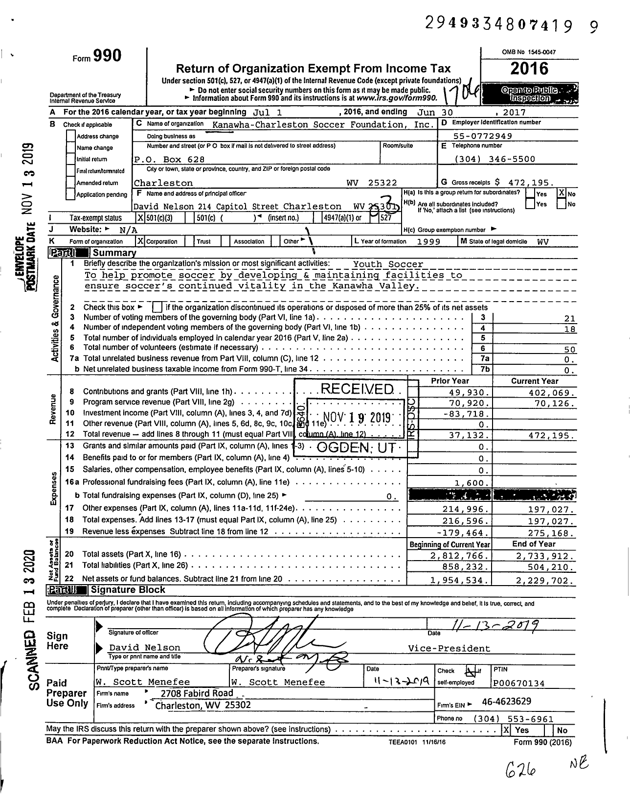 Image of first page of 2016 Form 990 for Kanawha-Charleston Soccer Foundation