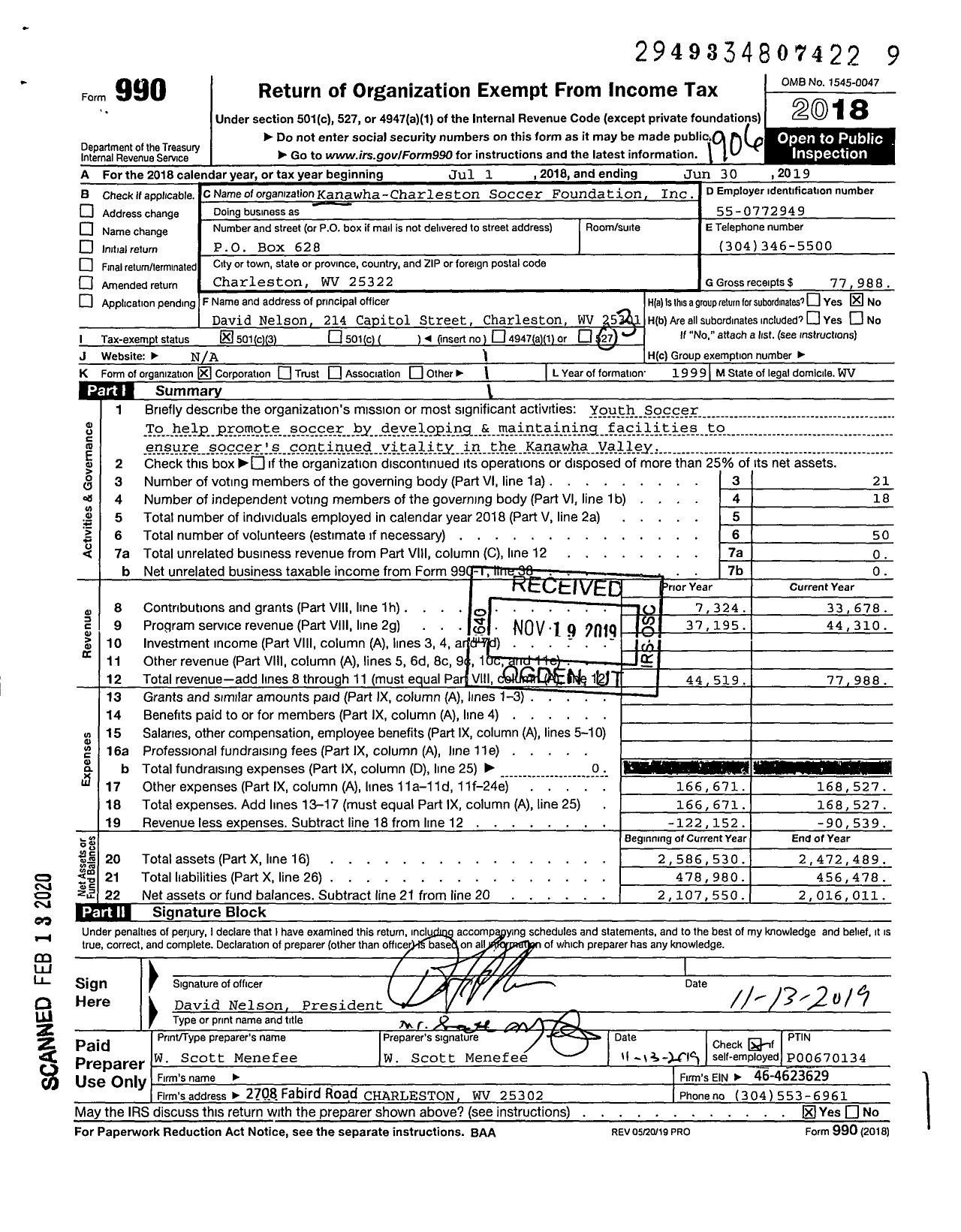 Image of first page of 2018 Form 990 for Kanawha-Charleston Soccer Foundation