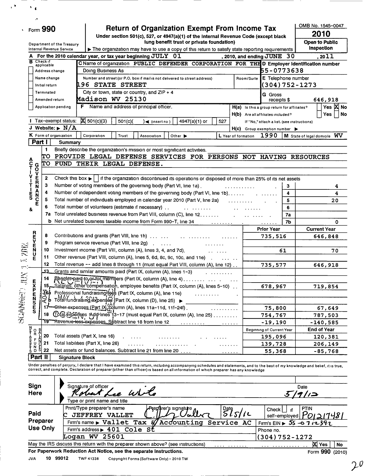Image of first page of 2010 Form 990 for Public Defender Corporation for the 25TH Judicial Circuit