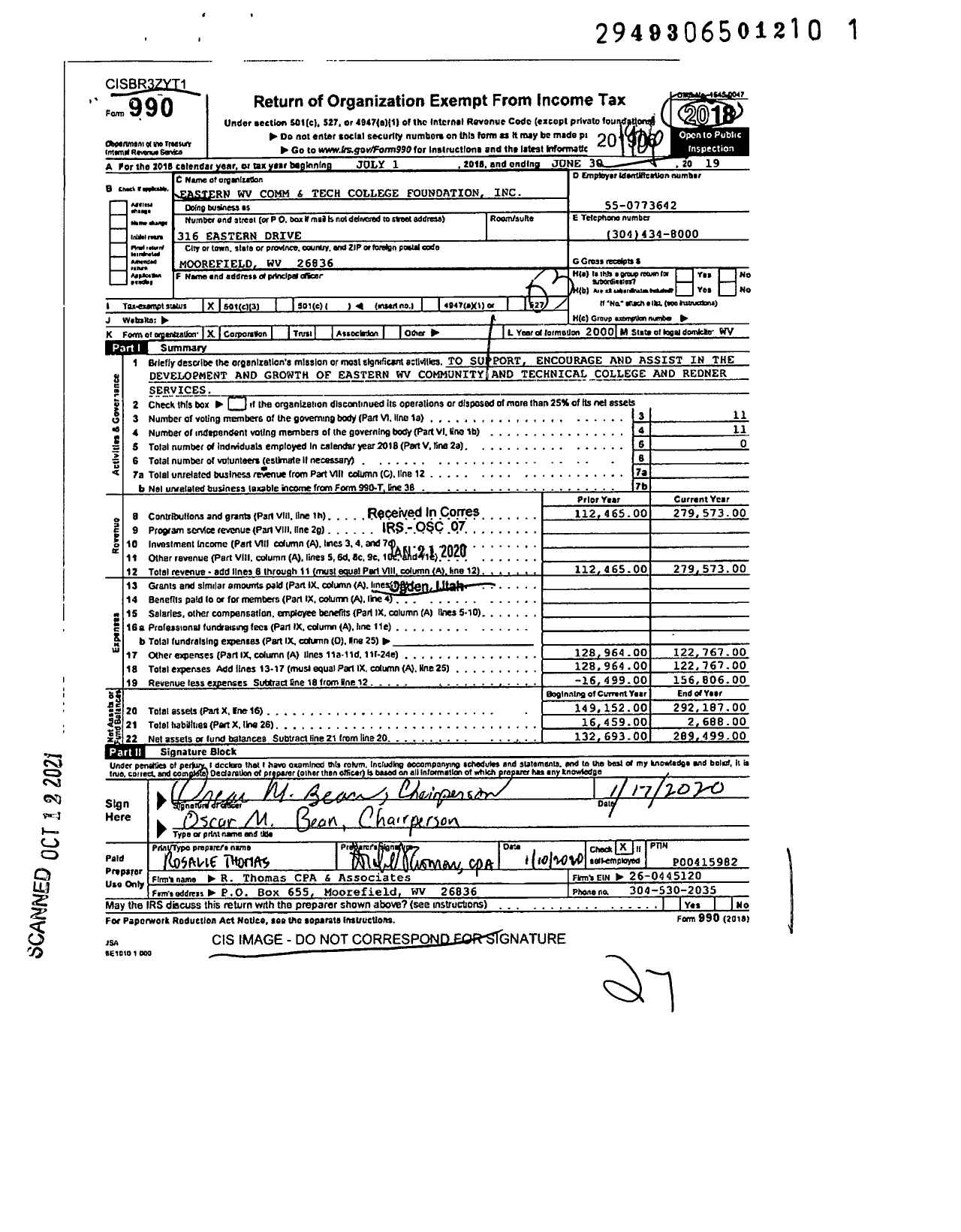 Image of first page of 2018 Form 990 for Eastern West Virginia Community and Technical College Foundation
