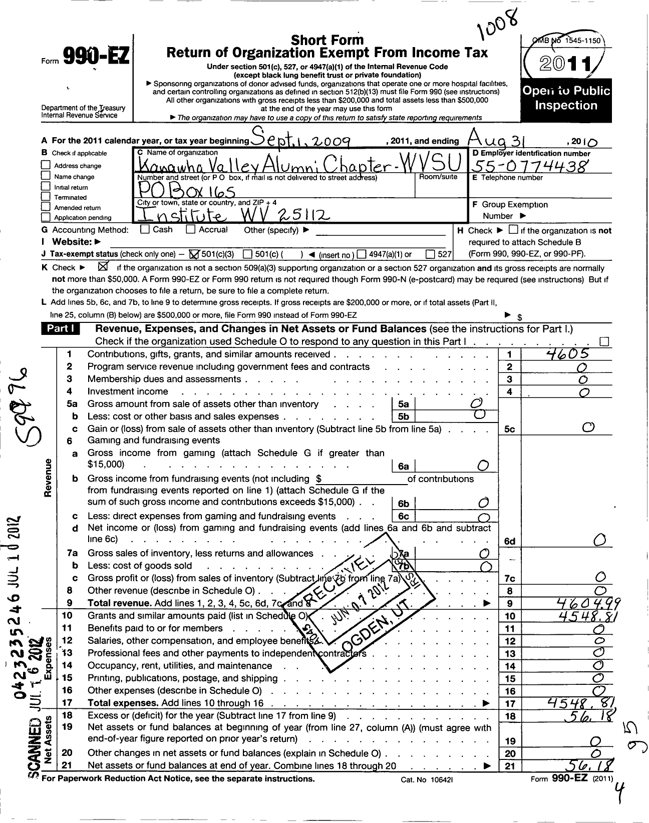 Image of first page of 2009 Form 990EZ for Kanawha Valley Alumni Chapter