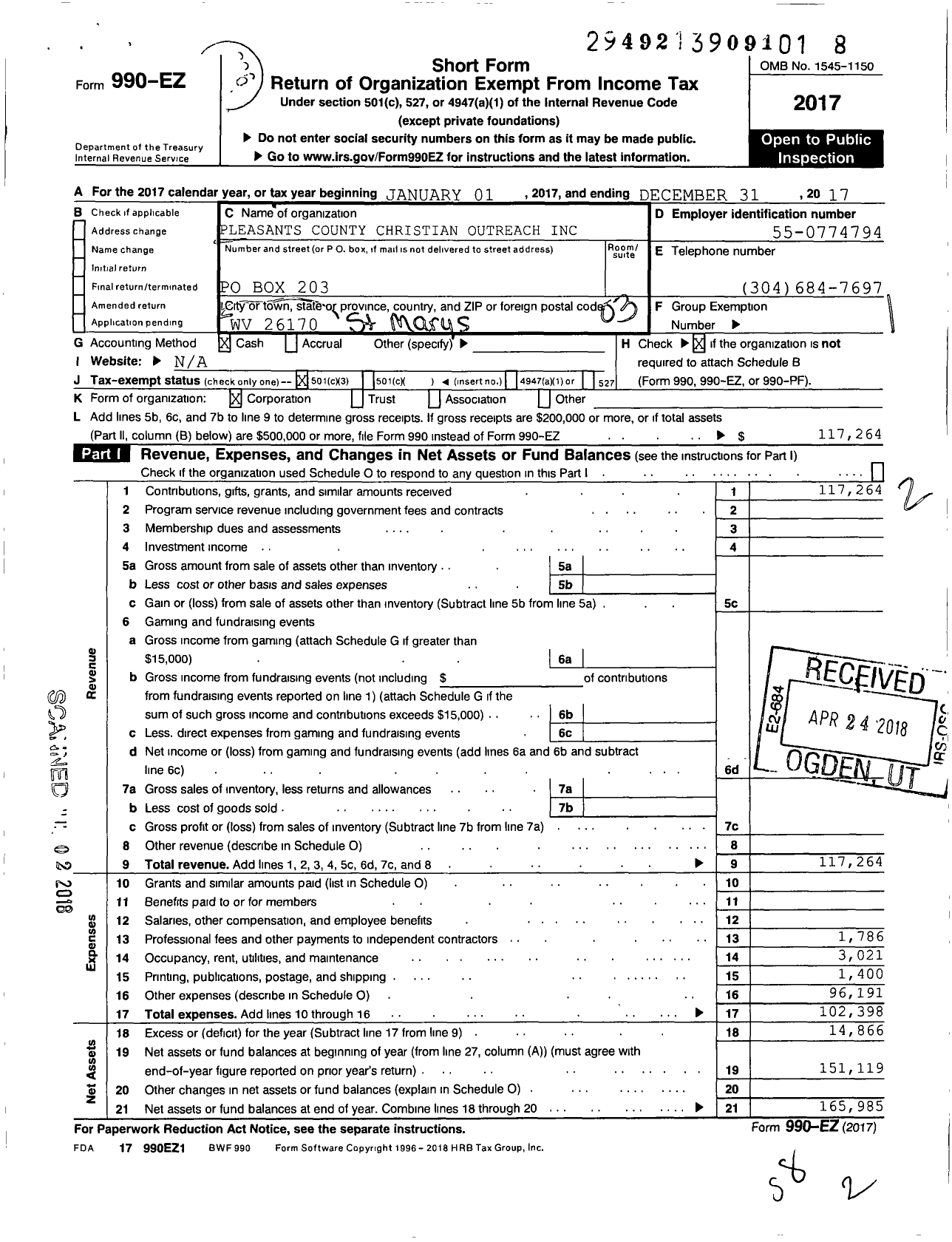 Image of first page of 2017 Form 990EZ for Pleasants County Christian Outreach