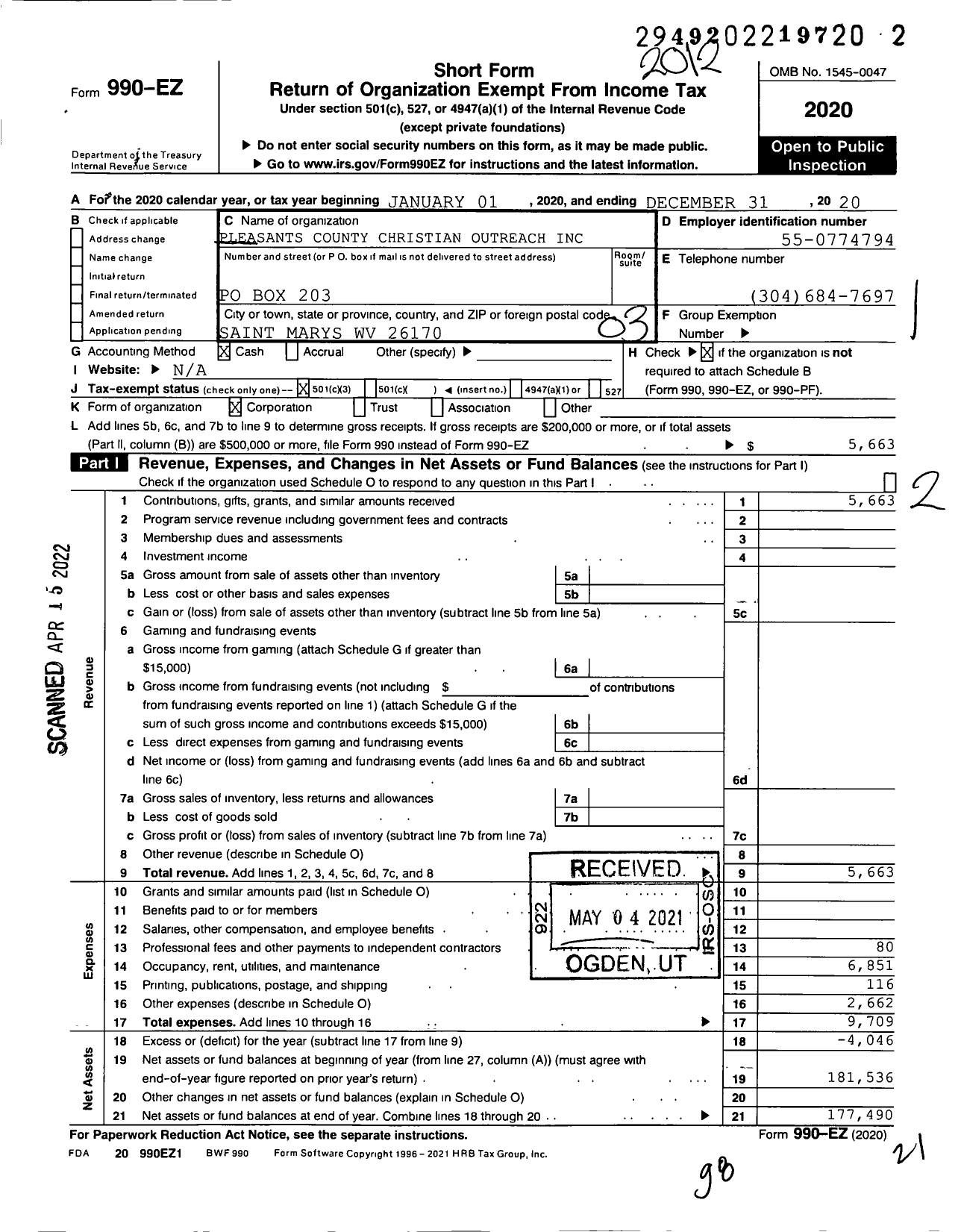 Image of first page of 2020 Form 990EZ for Pleasants County Christian Outreach