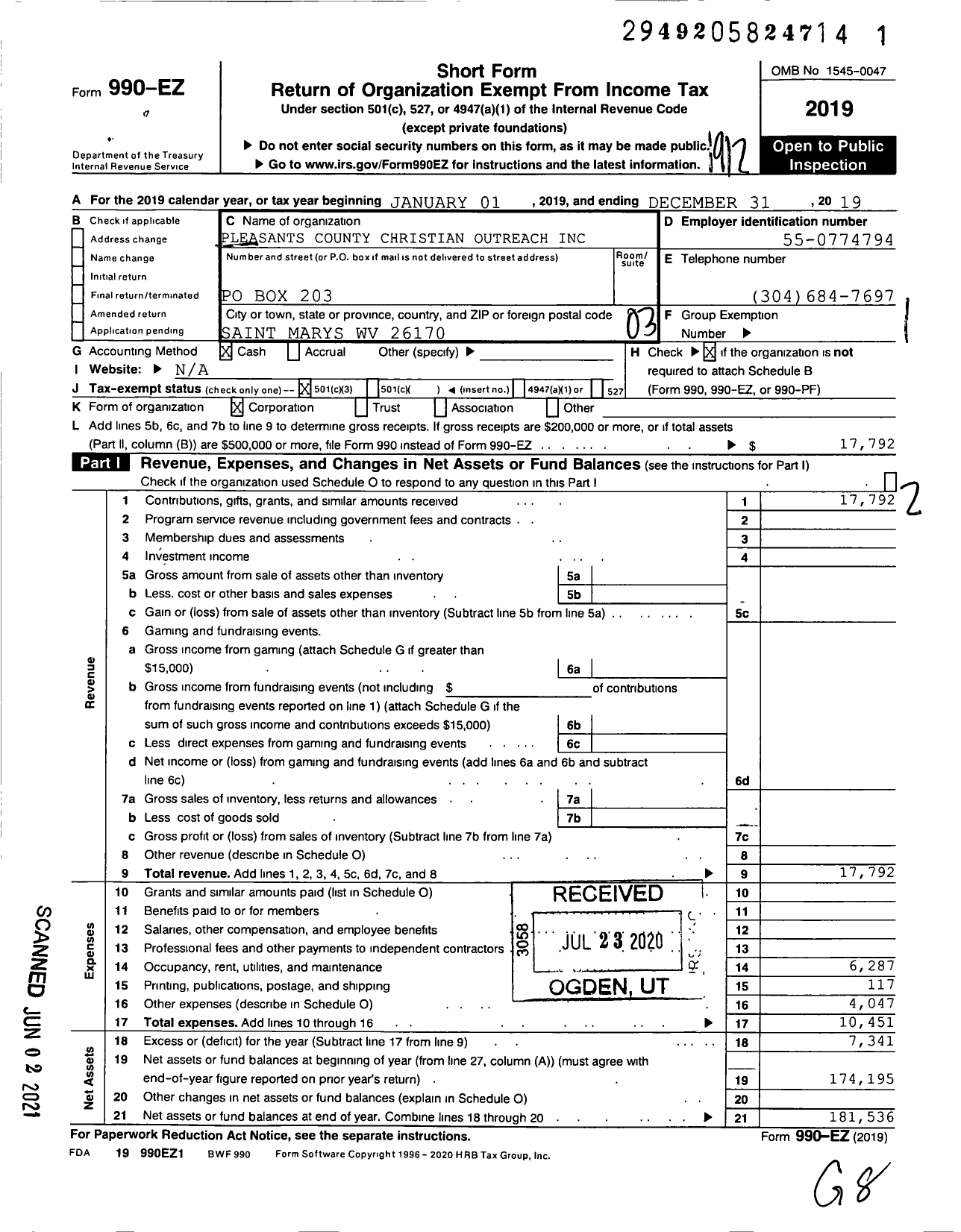 Image of first page of 2019 Form 990EZ for Pleasants County Christian Outreach