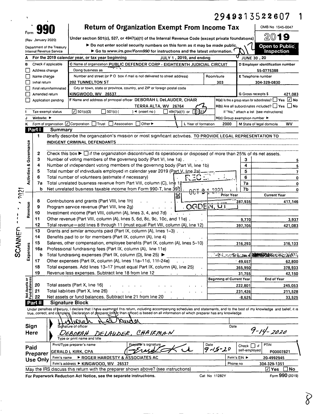 Image of first page of 2020 Form 990 for Public Defender Corporation for the Eighteenth Judicial Circuit