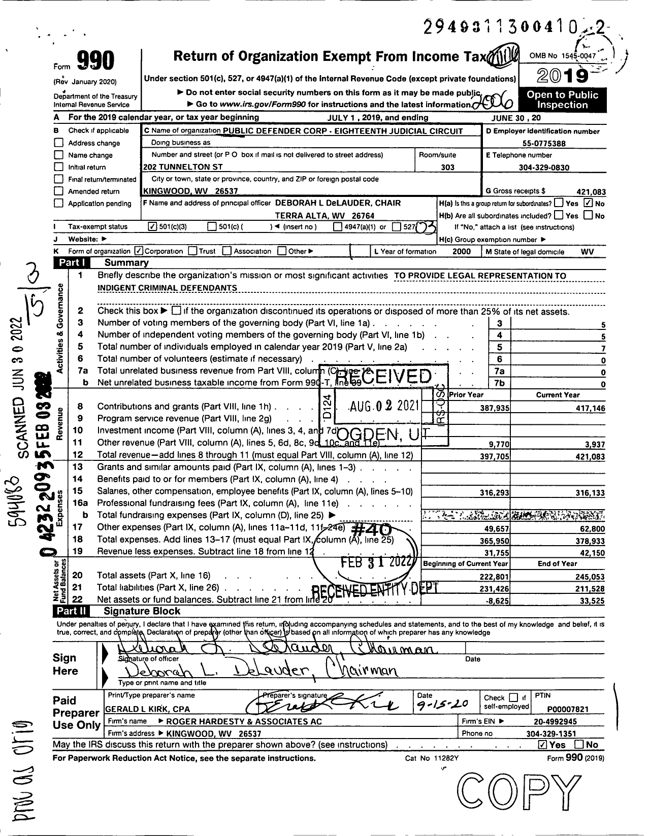 Image of first page of 2019 Form 990 for Public Defender Corporation for the Eighteenth Judicial Circuit