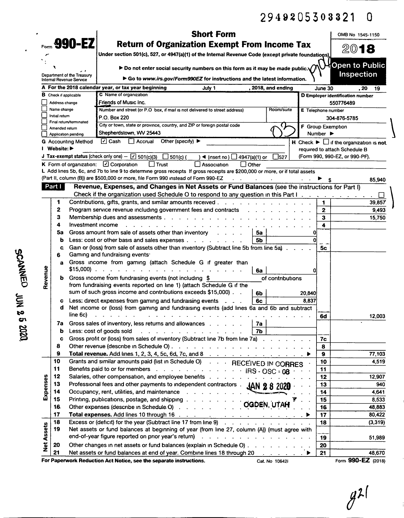 Image of first page of 2018 Form 990EZ for Friends of Music