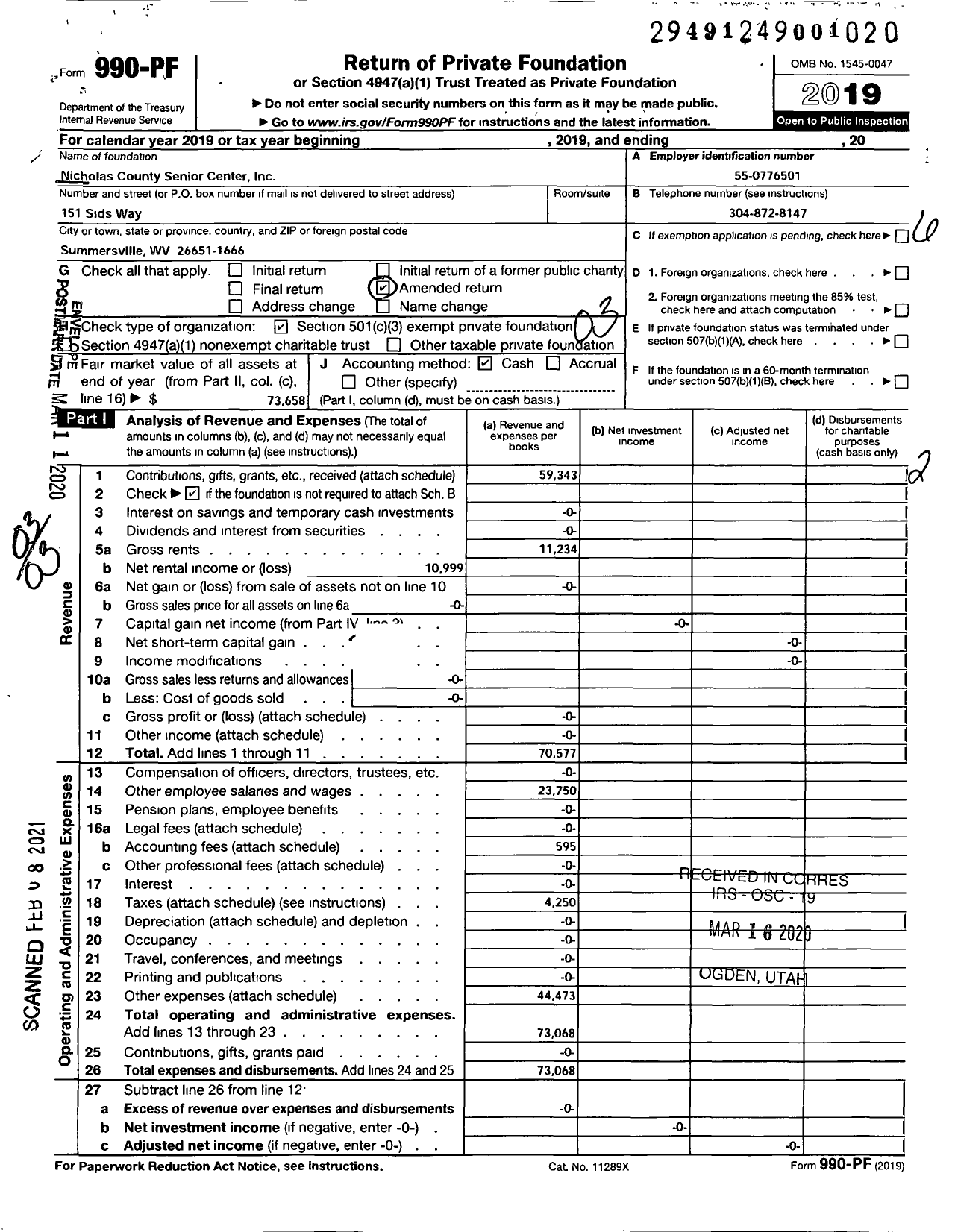 Image of first page of 2019 Form 990PF for Nicholas County Senior Center