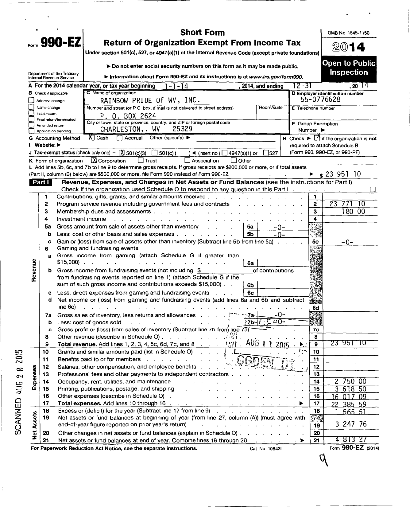 Image of first page of 2014 Form 990EZ for Rainbow Pride of West Virginia