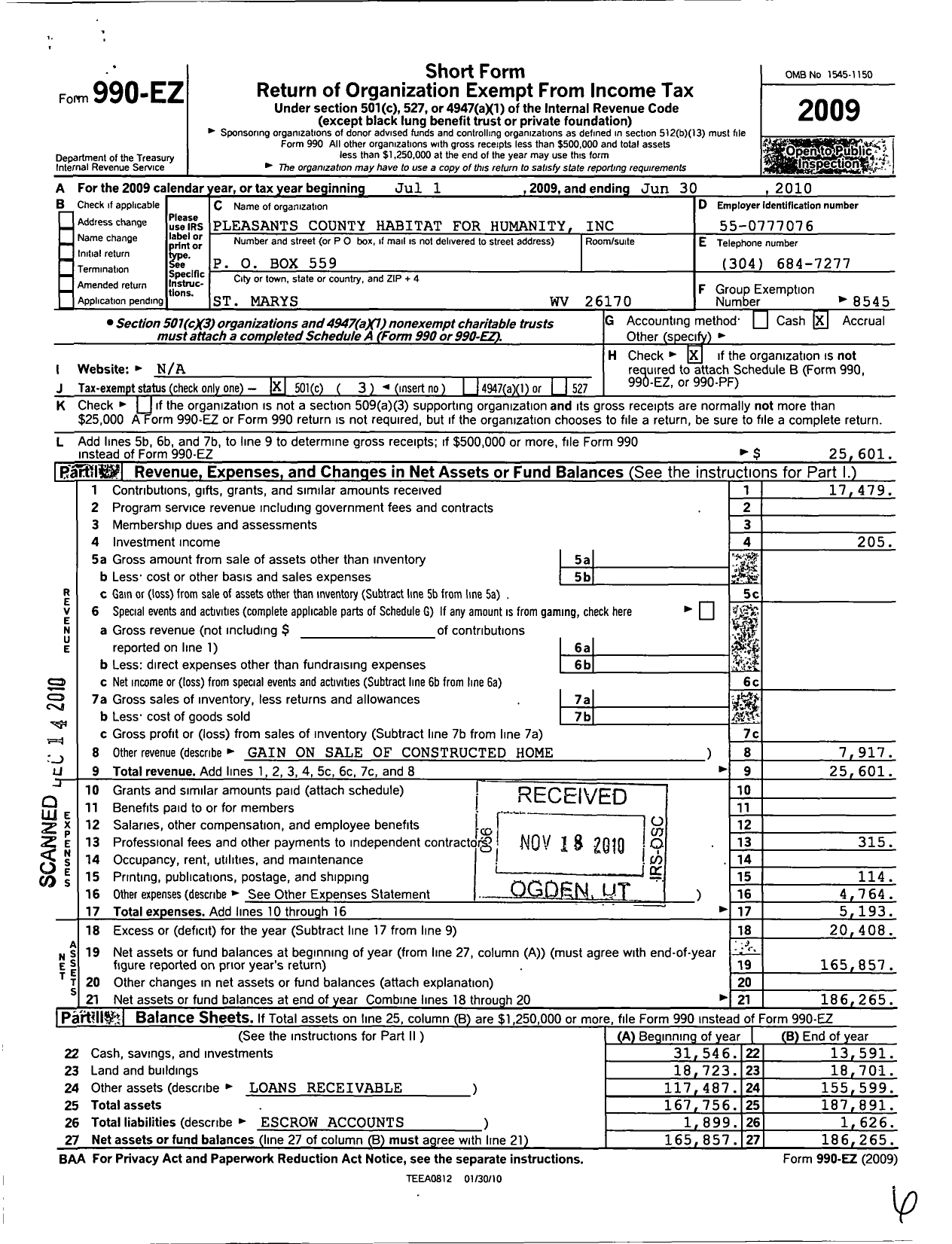 Image of first page of 2009 Form 990EZ for Habitat for Humanity - Pleasants Co HFH