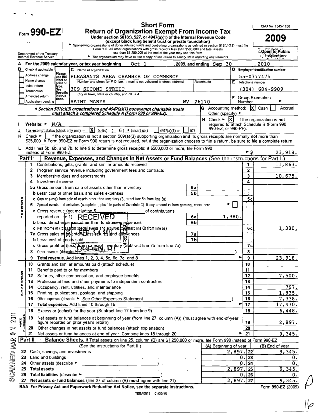 Image of first page of 2009 Form 990EO for Pleasants Area Chamber of Commerce