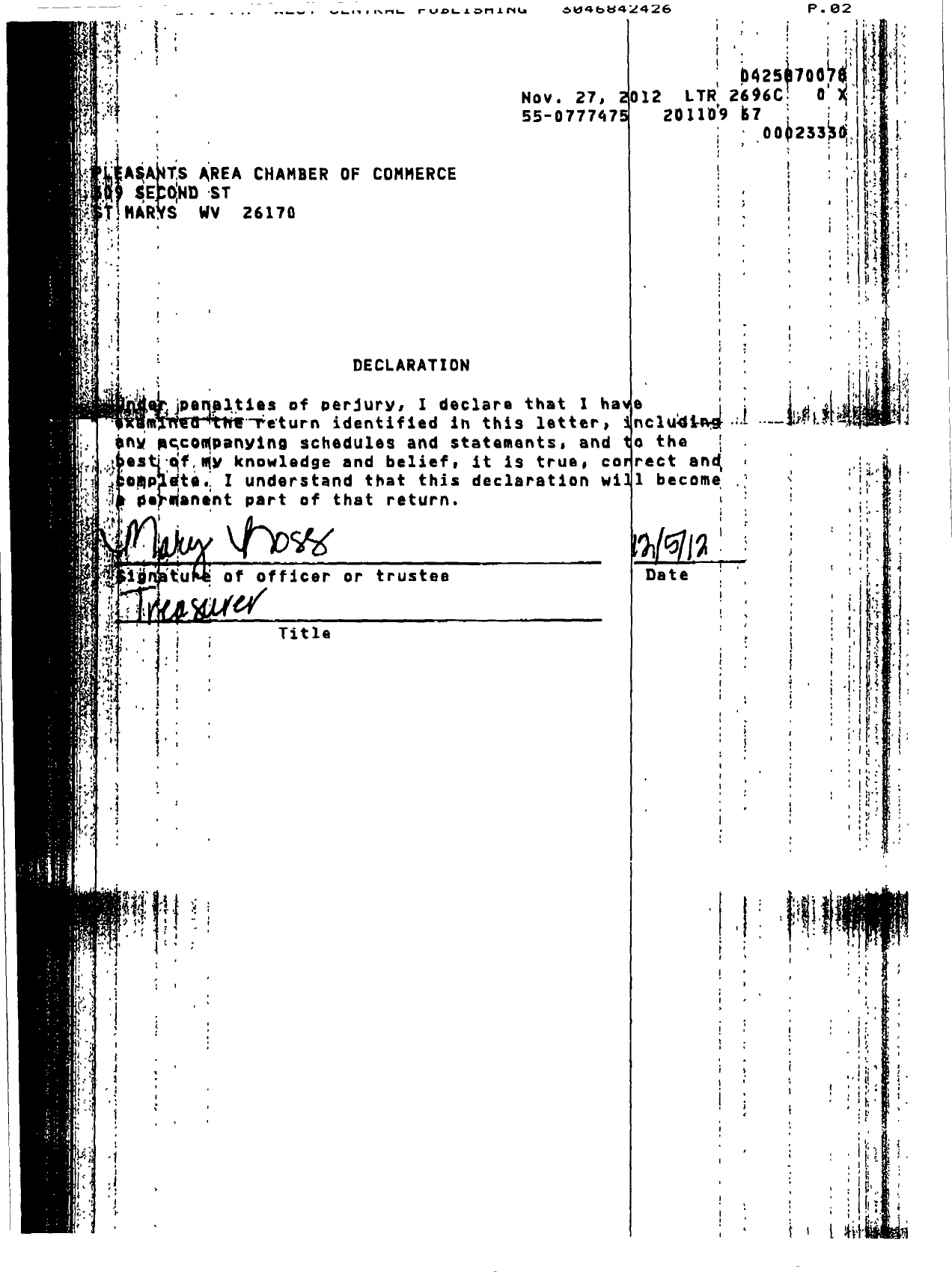 Image of first page of 2010 Form 990EOR for Pleasants Area Chamber of Commerce