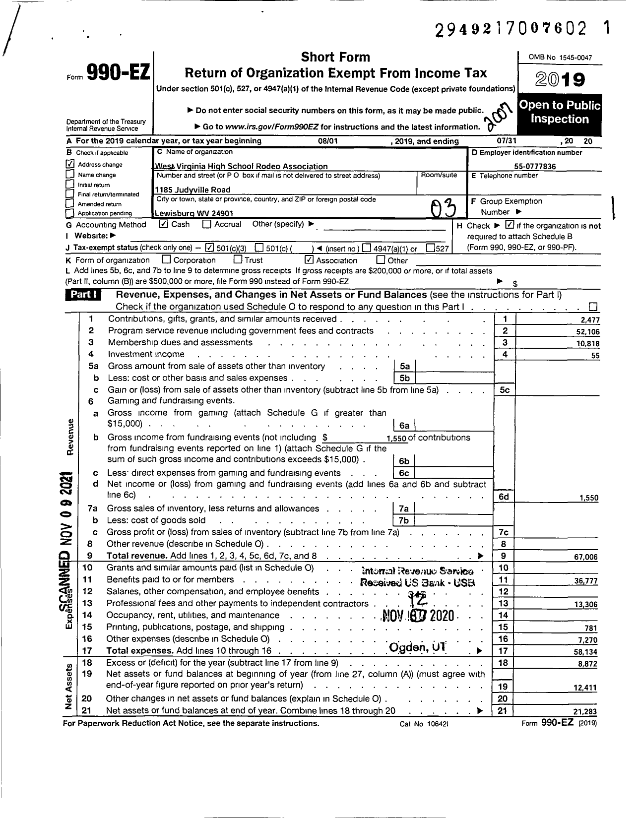 Image of first page of 2019 Form 990EZ for West Virginia High School Rodeo Association