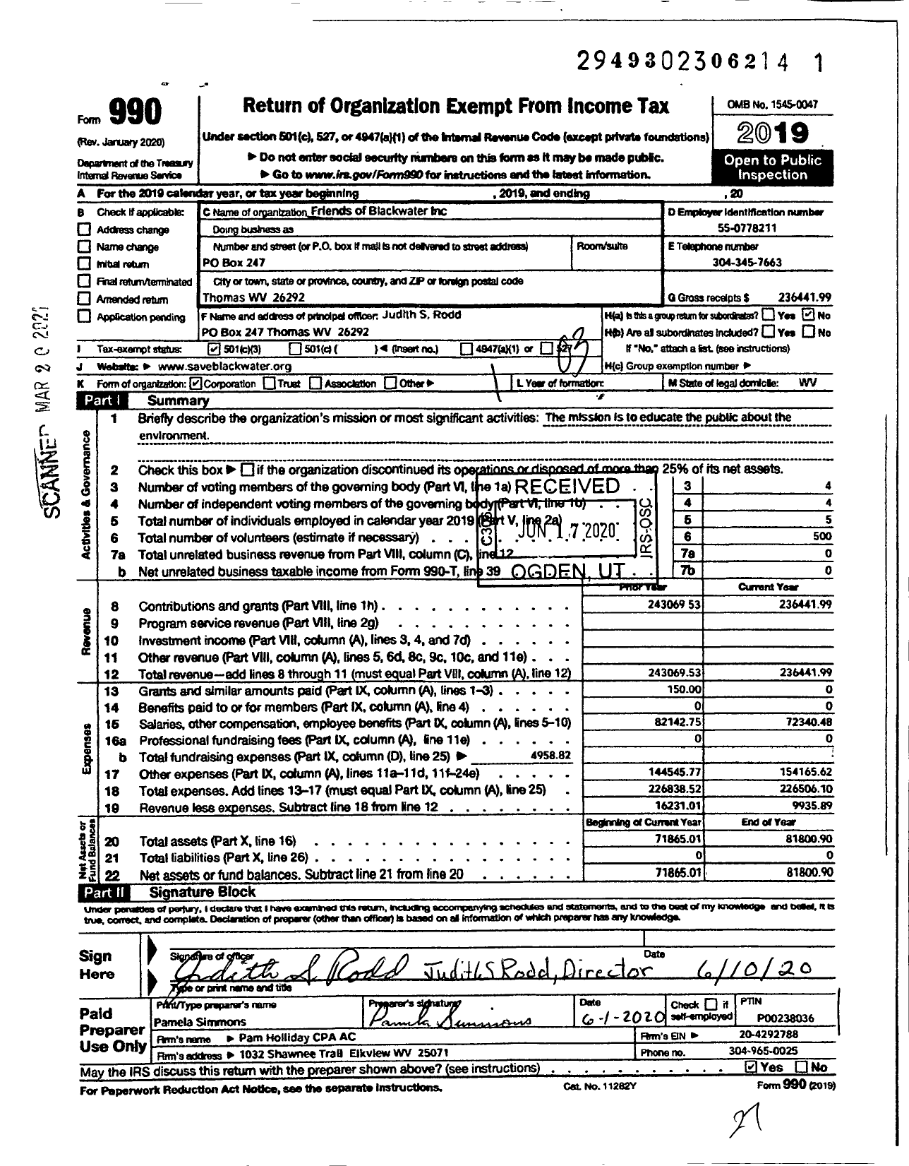 Image of first page of 2019 Form 990 for Friends of Blackwater