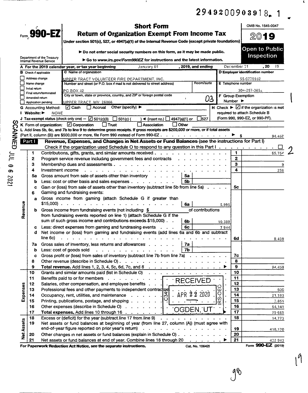 Image of first page of 2019 Form 990EZ for Upper Tract Volunteer Fire Dept