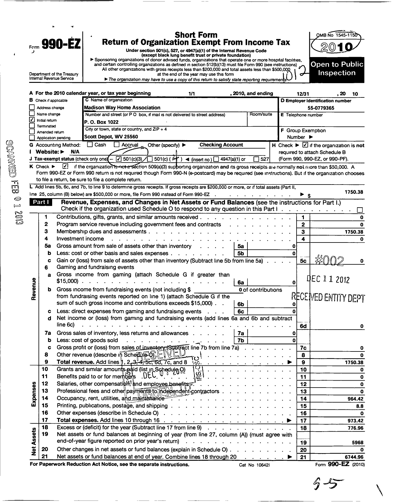 Image of first page of 2010 Form 990EO for Madison Way Homeowners Association