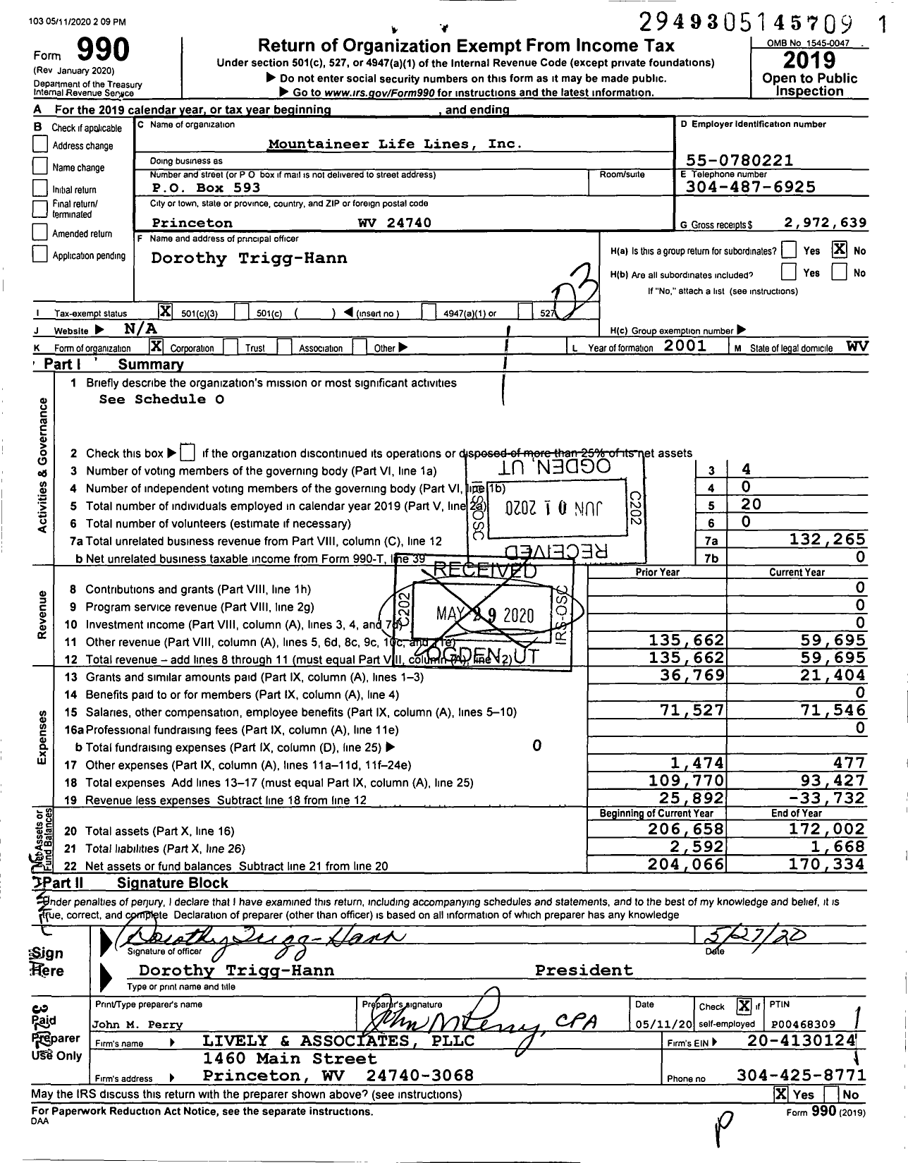 Image of first page of 2019 Form 990 for Mountaineer Life Lines