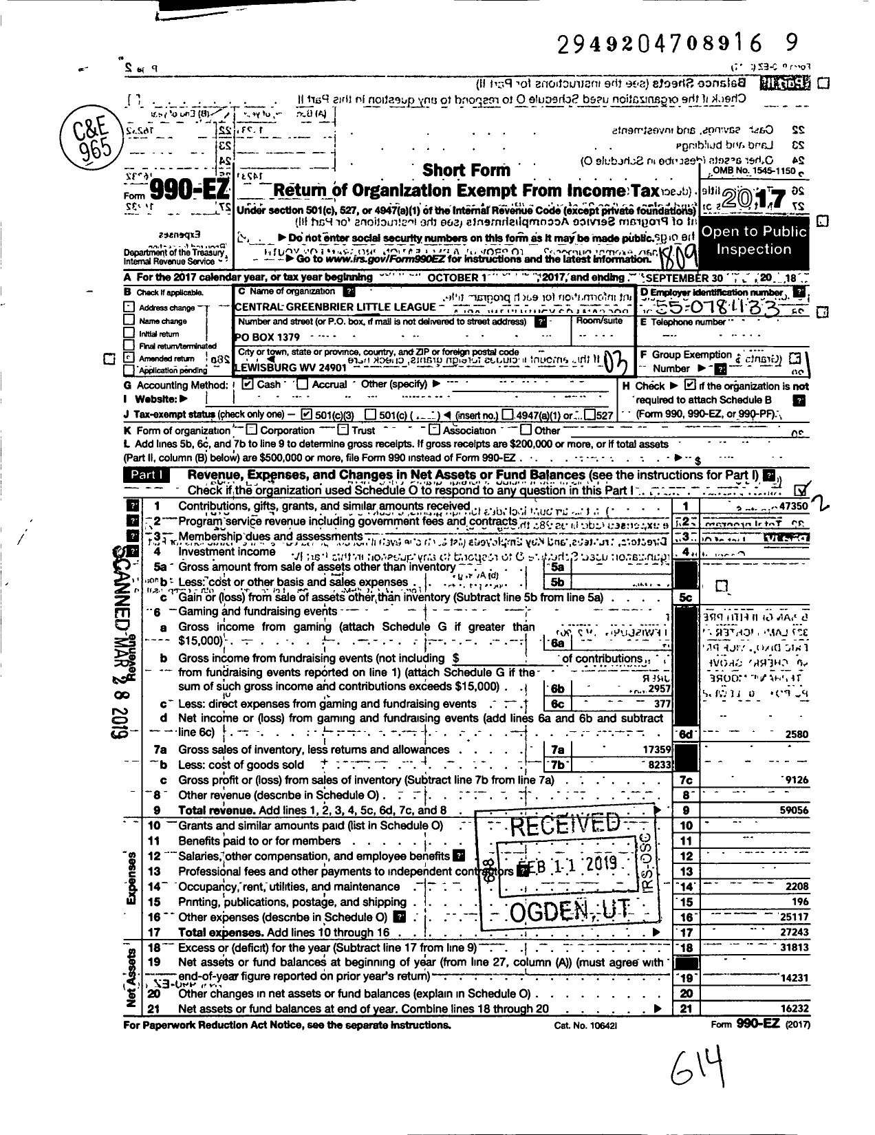 Image of first page of 2017 Form 990EZ for Little League Baseball - 3480408 Central Greenbrier LL