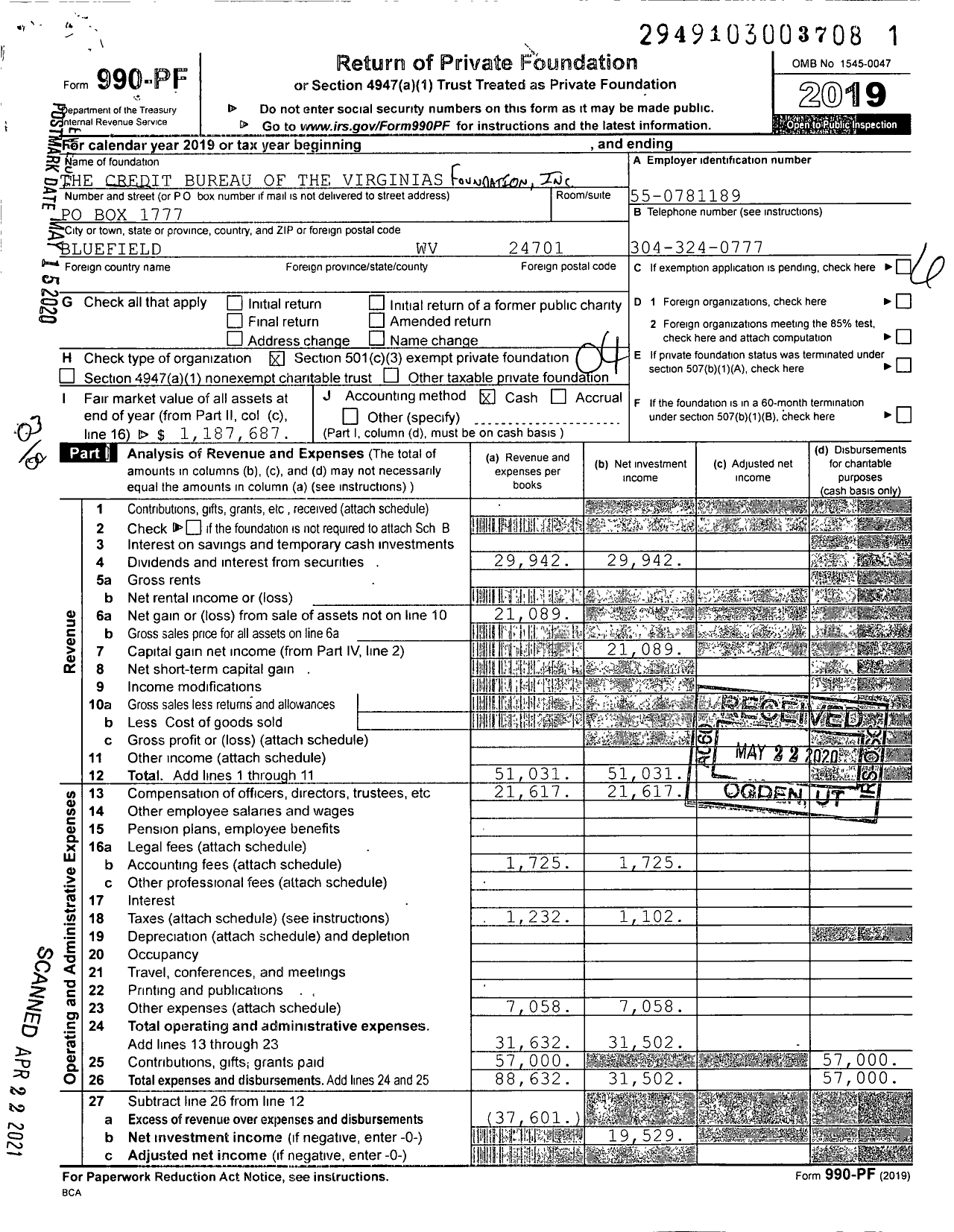 Image of first page of 2019 Form 990PF for The Credit Bureau of the Virginias Foundation