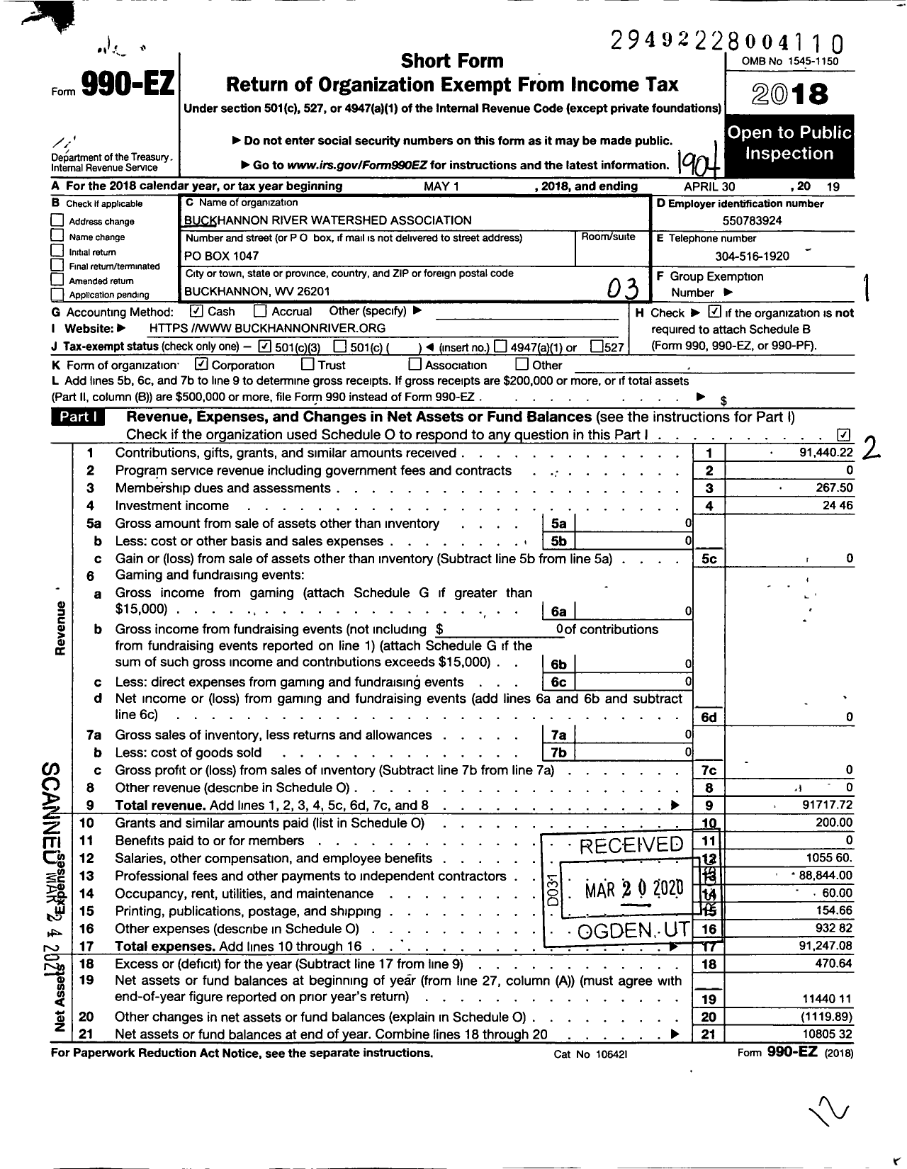 Image of first page of 2018 Form 990EZ for Buckhannon River Watershed Association