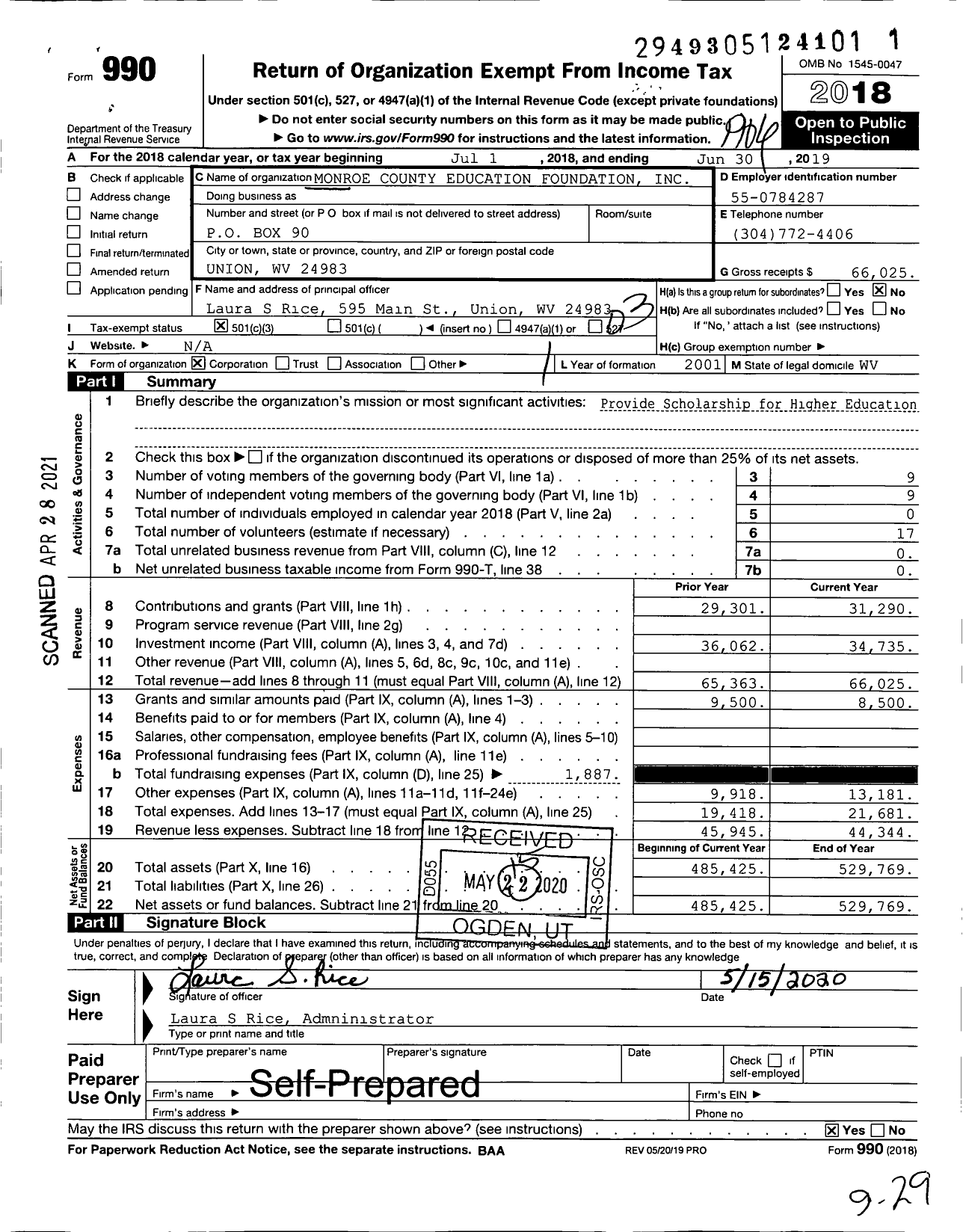 Image of first page of 2018 Form 990 for Monroe County Education Foundation