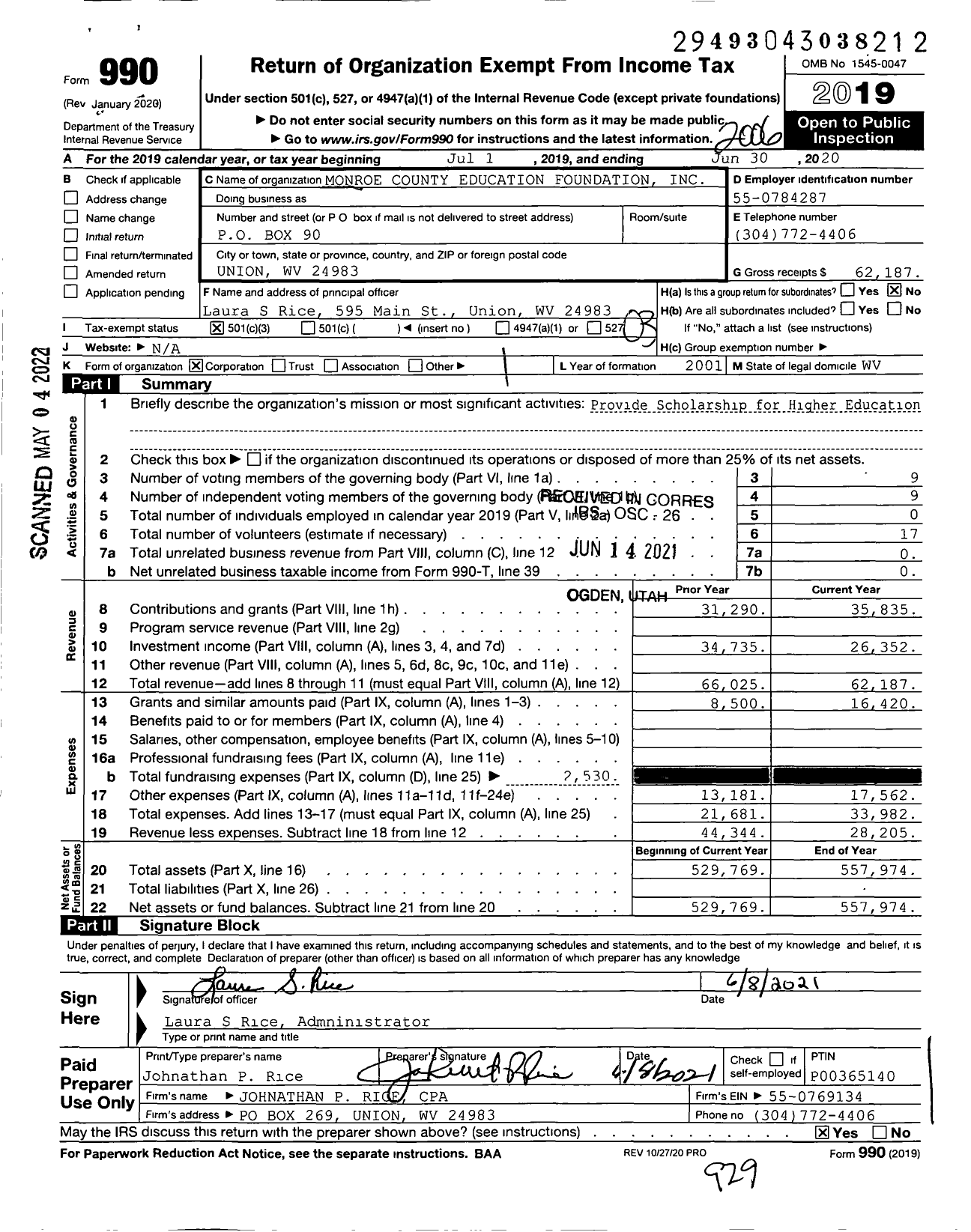 Image of first page of 2019 Form 990 for Monroe County Education Foundation