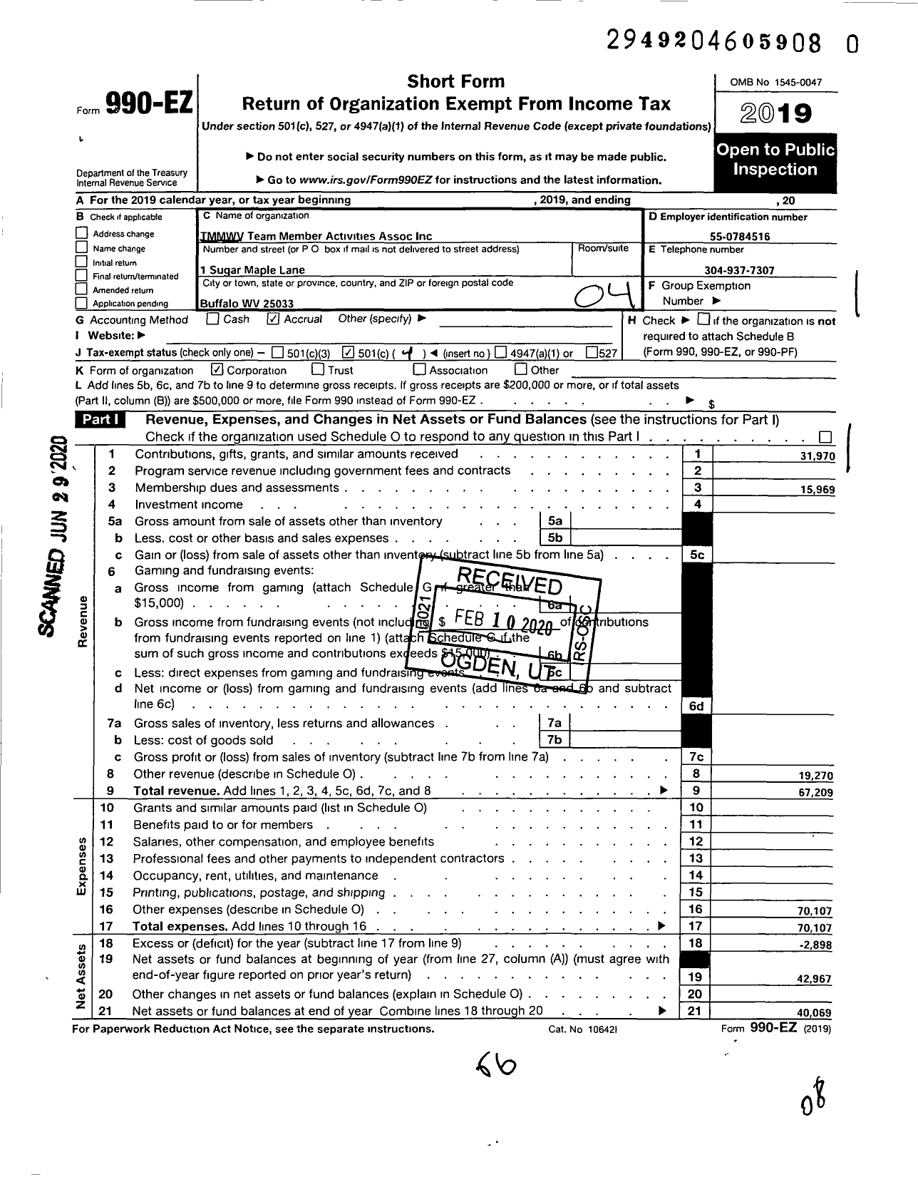 Image of first page of 2019 Form 990EO for TMMWV Team Member Activities Association