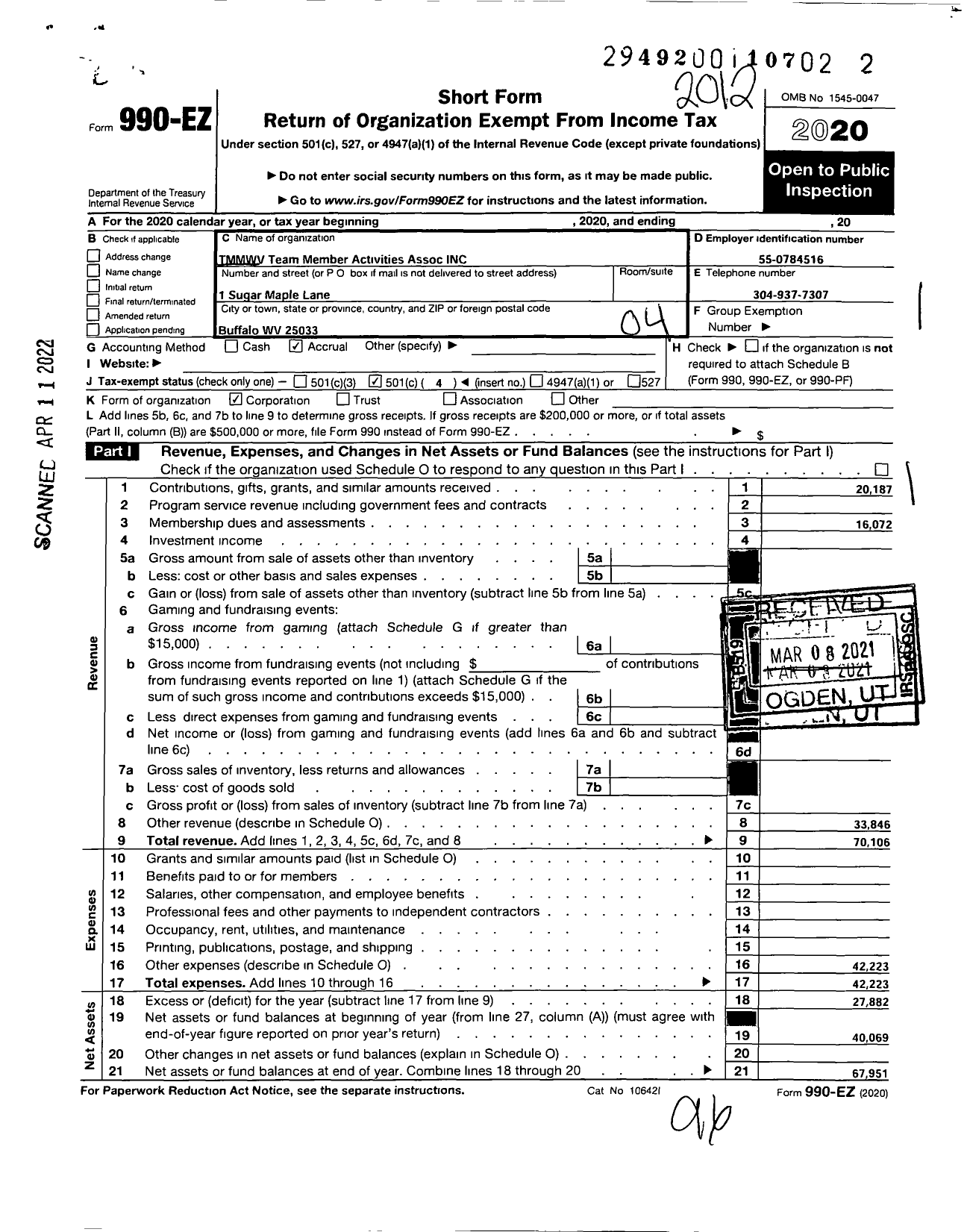 Image of first page of 2020 Form 990EO for TMMWV Team Member Activities Association