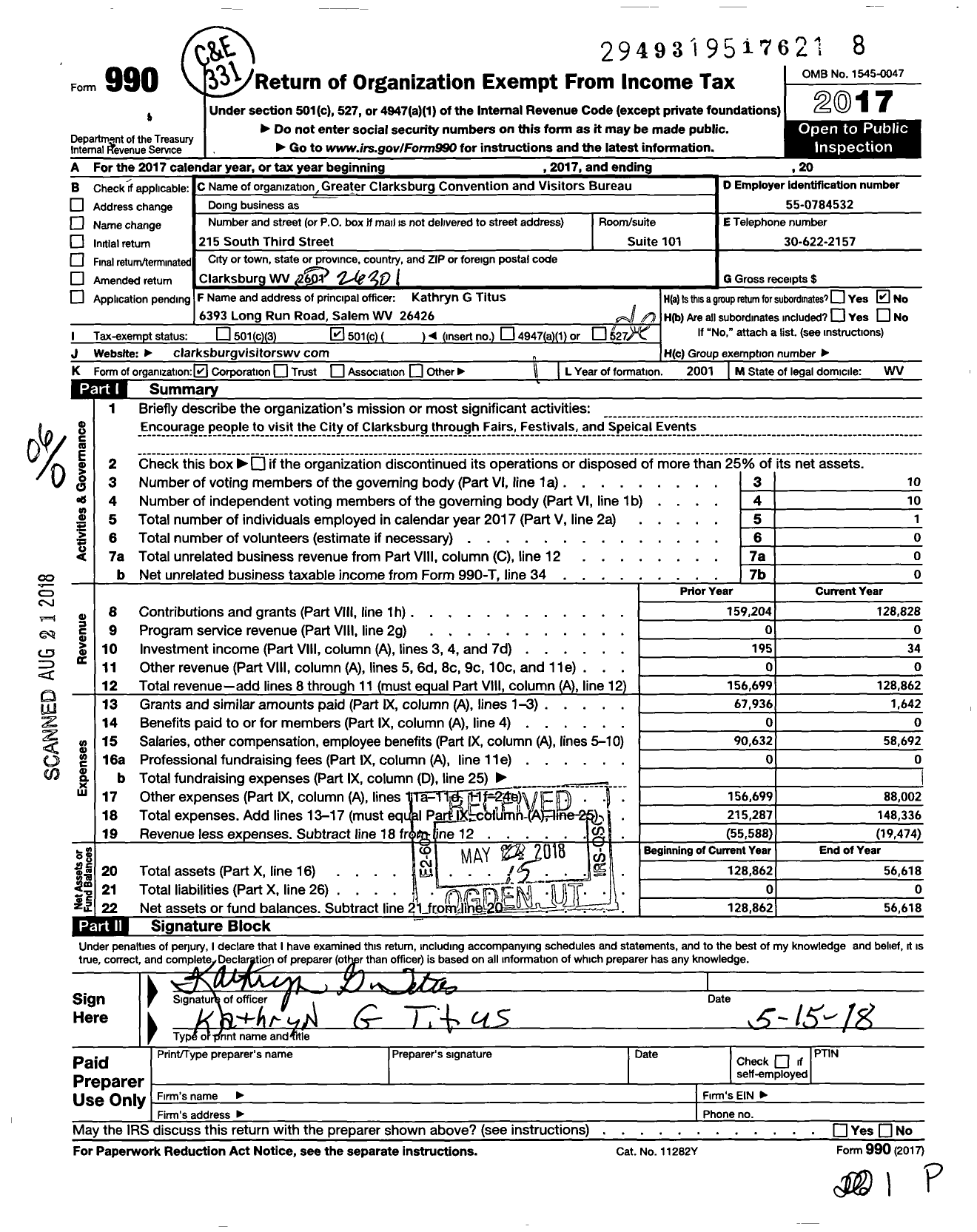 Image of first page of 2017 Form 990O for Clarksburg Convention and Visitors Bureau
