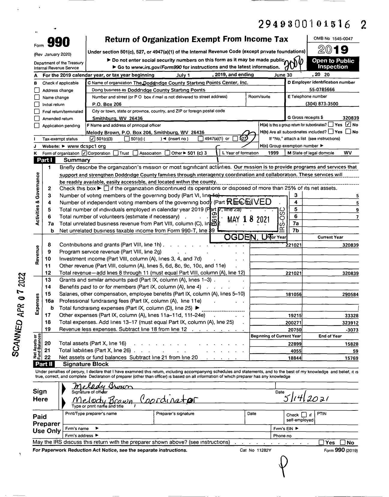 Image of first page of 2019 Form 990 for Doddridge County Family Support Center