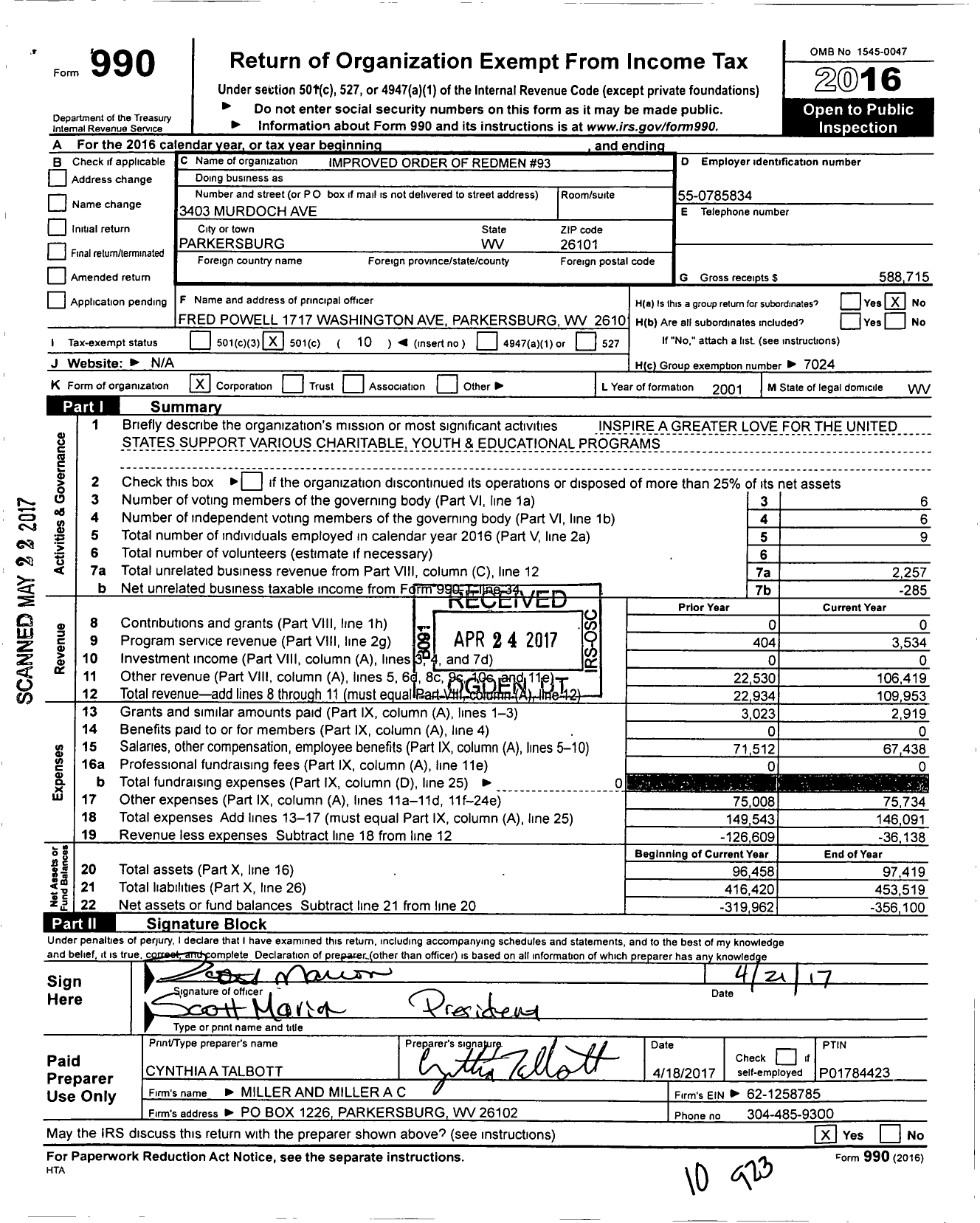 Image of first page of 2016 Form 990O for Great Council of West Virginia Improved Order of Red Men - 93 Iroquois Tribe