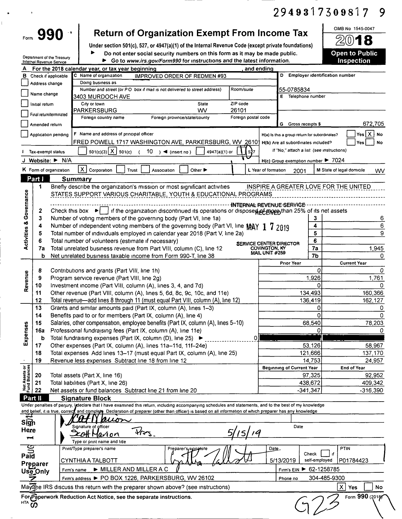 Image of first page of 2018 Form 990O for Great Council of West Virginia Improved Order of Red Men - 93 Iroquois Tribe