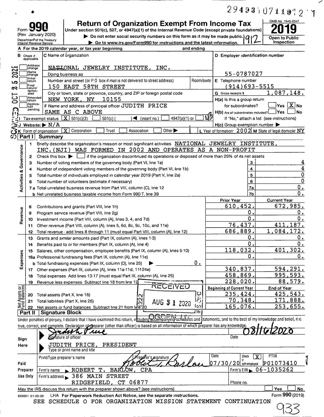 Image of first page of 2019 Form 990 for National Jewelry Institute