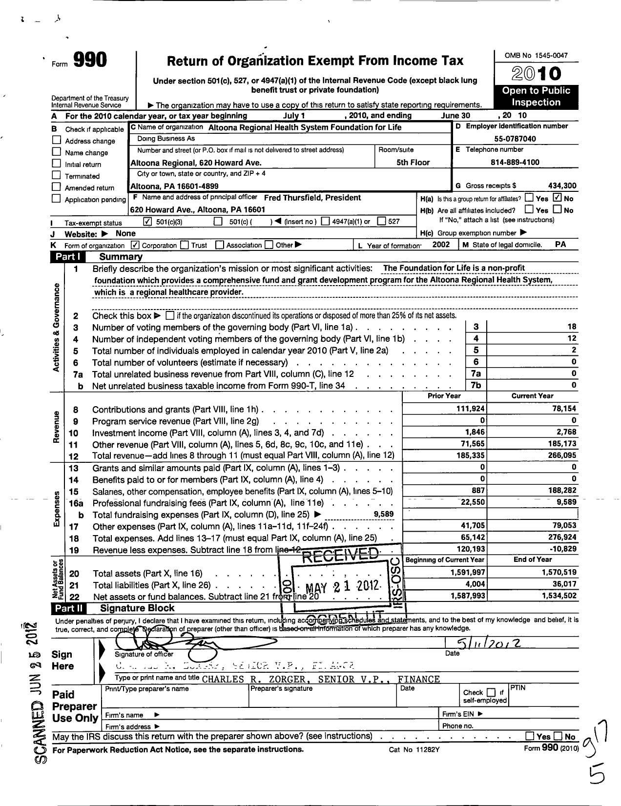 Image of first page of 2009 Form 990 for Altoona Regional Health System Foundation for Life