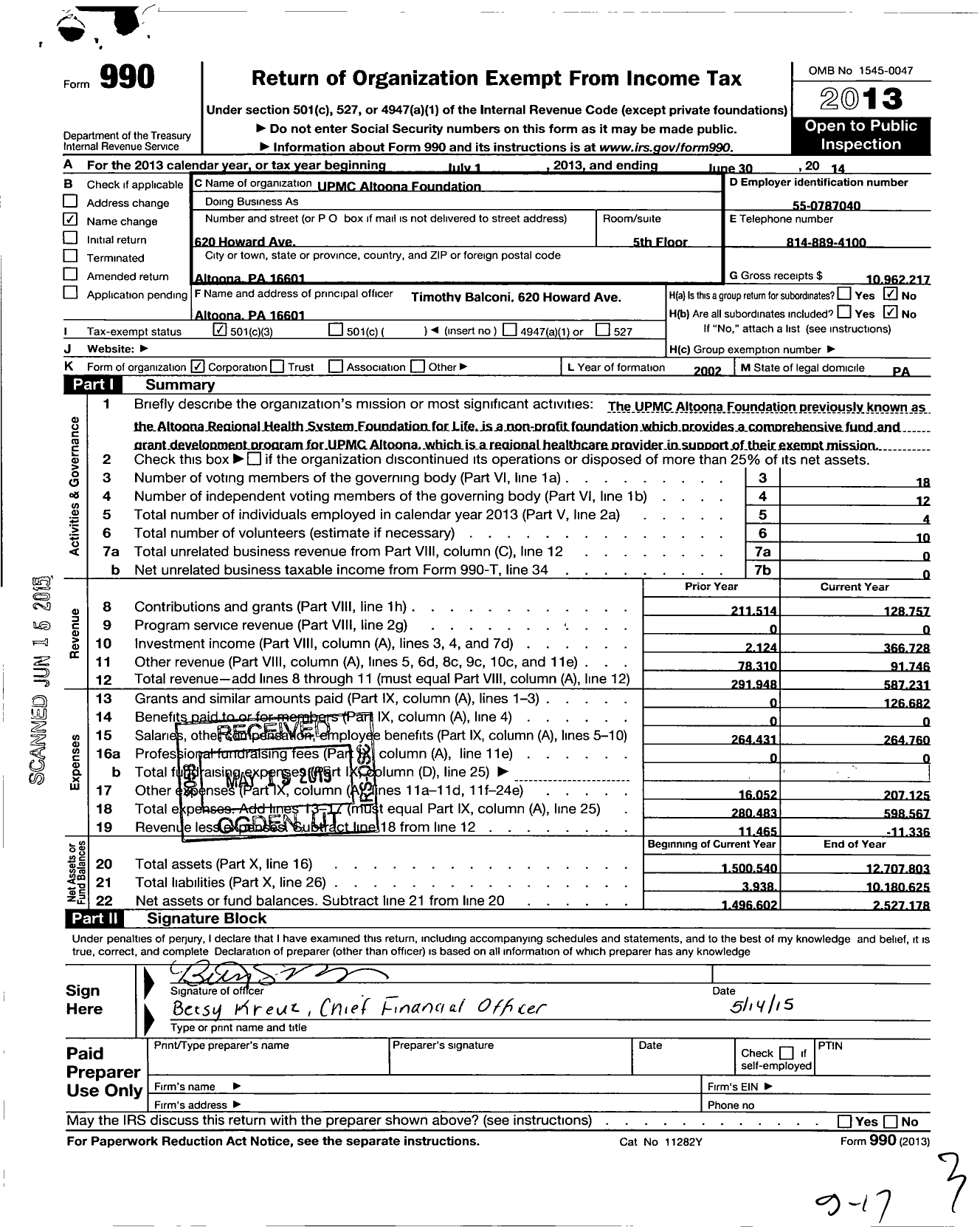 Image of first page of 2013 Form 990 for Altoona Regional Health System Foundation for Life